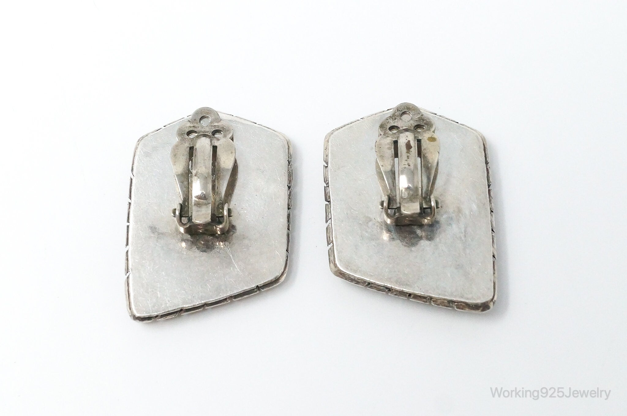 Large Vintage Native American LS Turquoise Sterling Silver Clip On Earrings