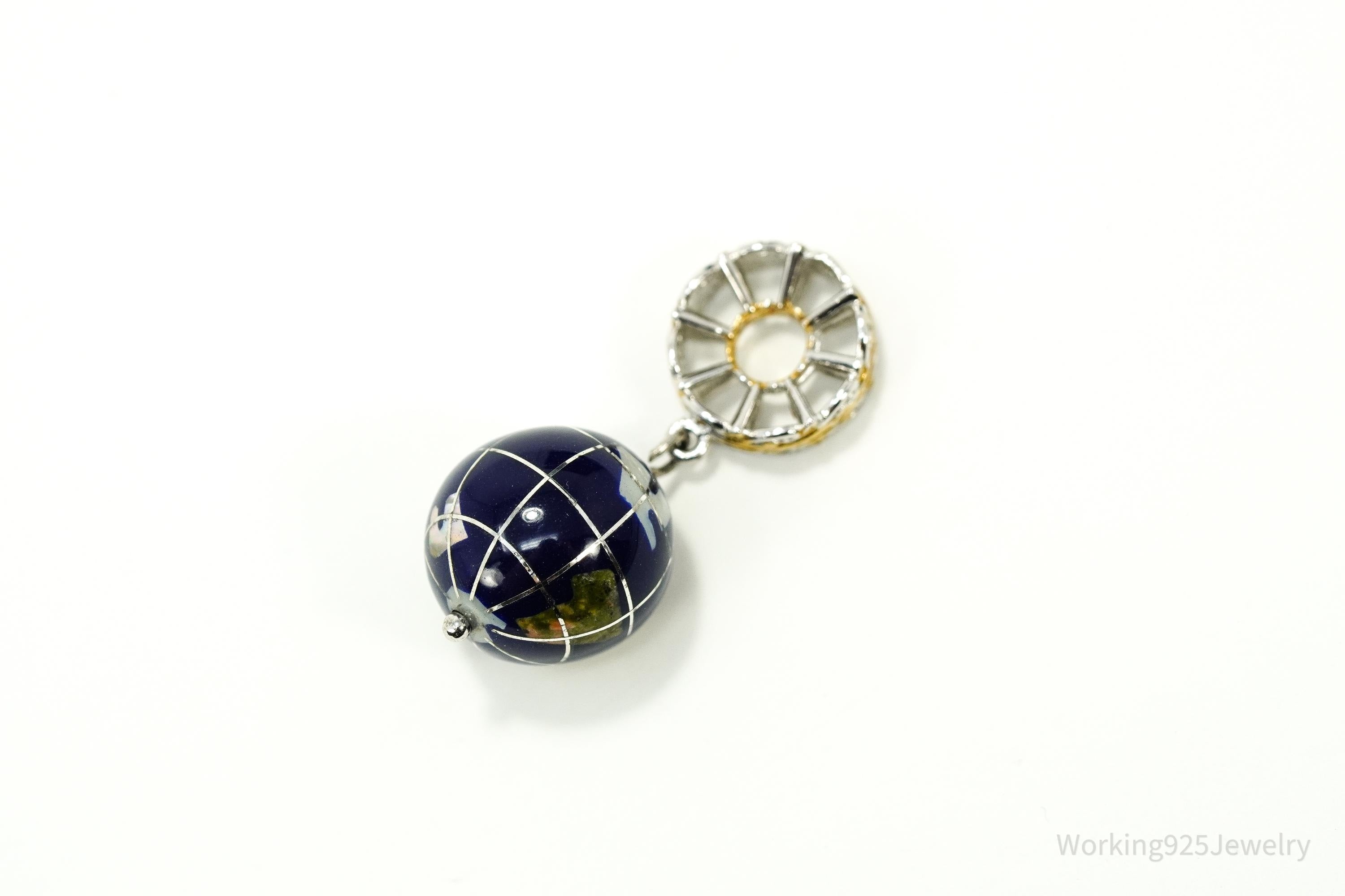 Designer Michael Valitutti Multi Gem Inlay Globe Gold Sterling Silver Charm Pendant