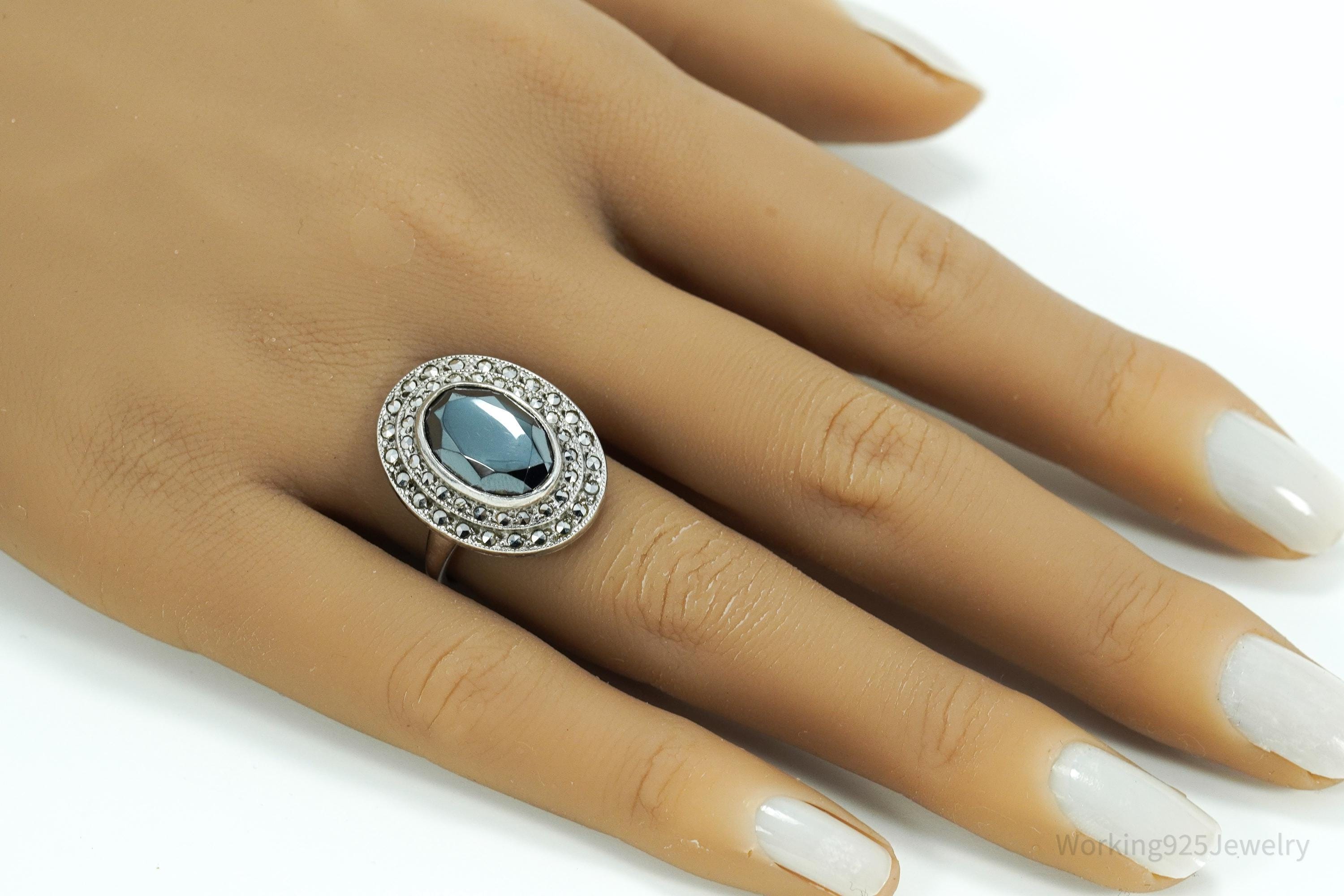 Antique Uncas MFG CO Hematite & Marcasite Sterling Silver Ring Size 6.75