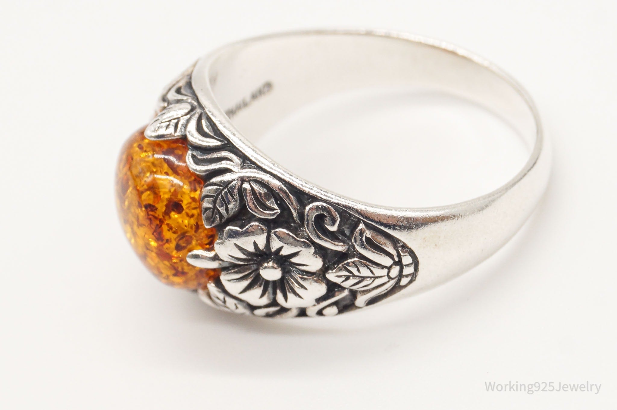 Vintage Designer BBJ Large Amber Floral Sterling Silver Ring - Size 10.75