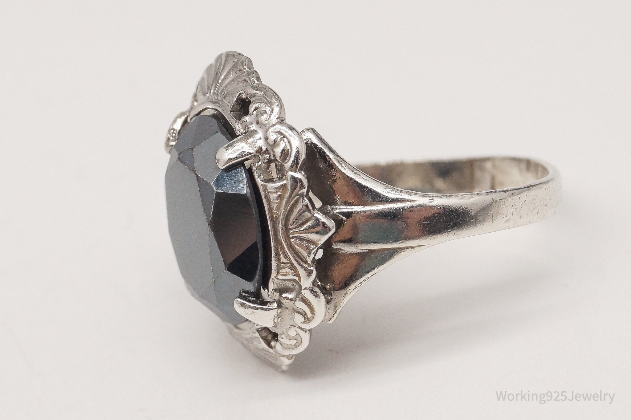 Antique Designer LSP Co Hematite Edwardian Sterling Silver Ring - Size 7