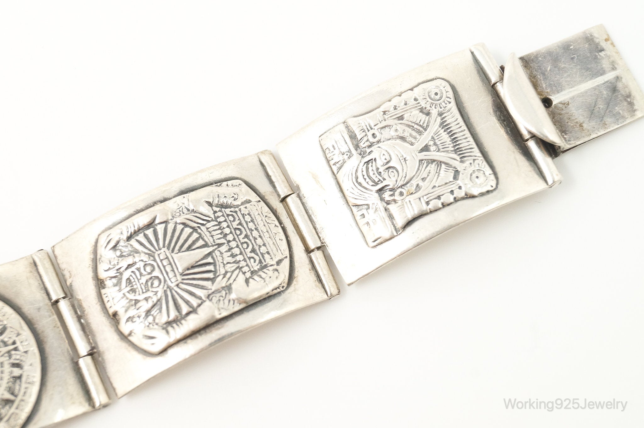 Vintage Mexico Aztec Pictures Sterling Silver Panel Bracelet