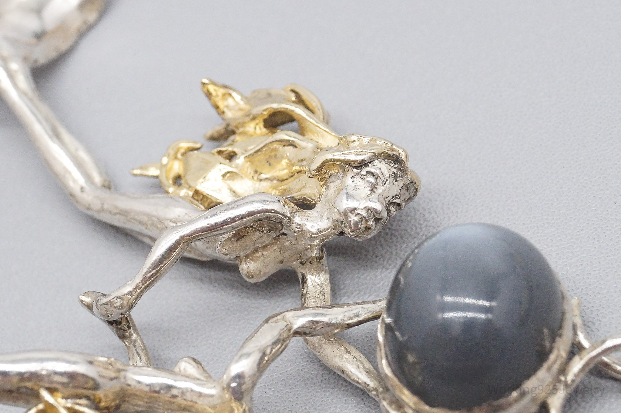 Vintage Gray Moonstone 24K Gold Sterling Silver Mermaids Necklace 34"