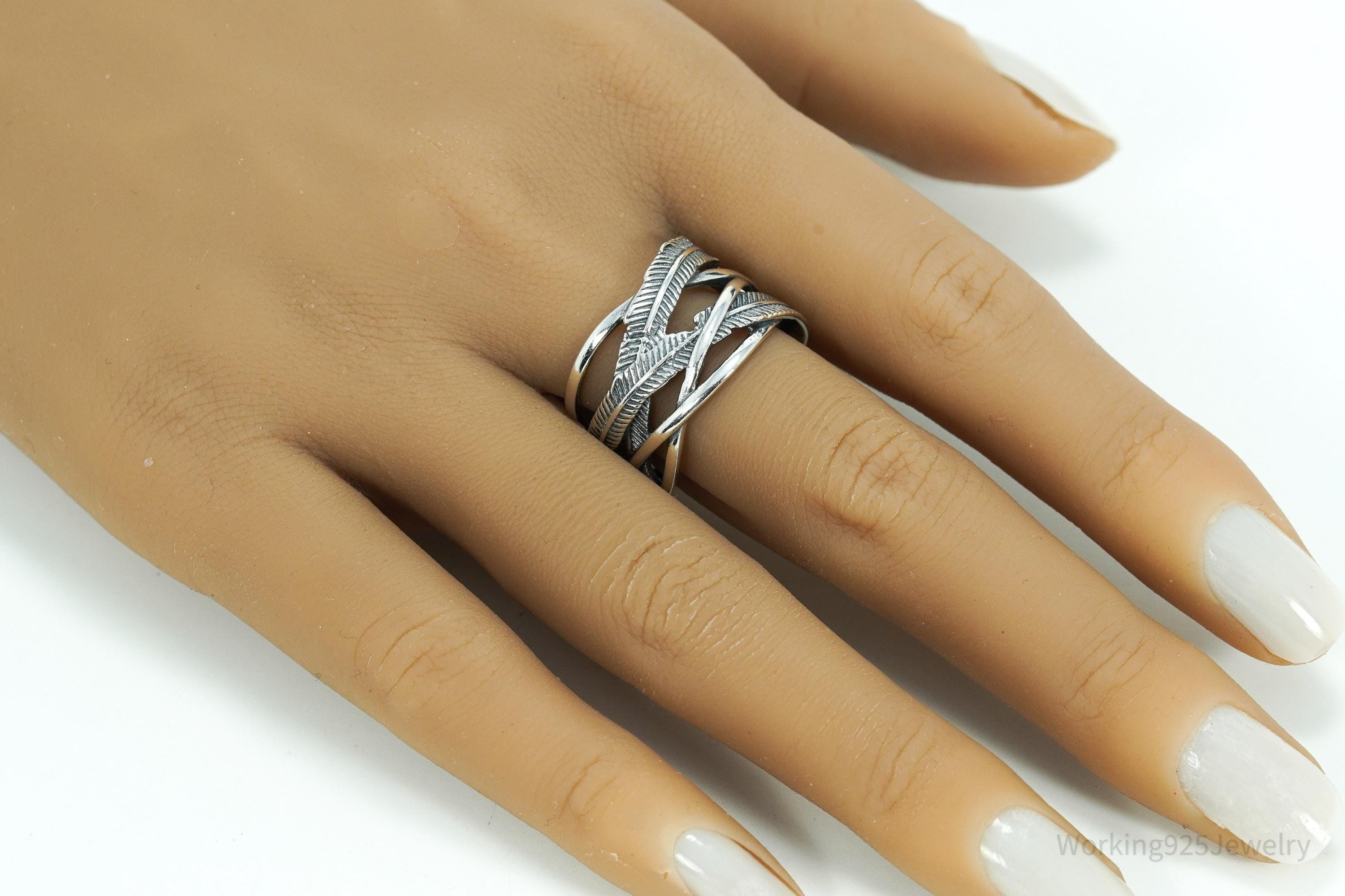Vintage Feather Wrap Southwestern Sterling Silver Ring - Size 9.25 Adjustable