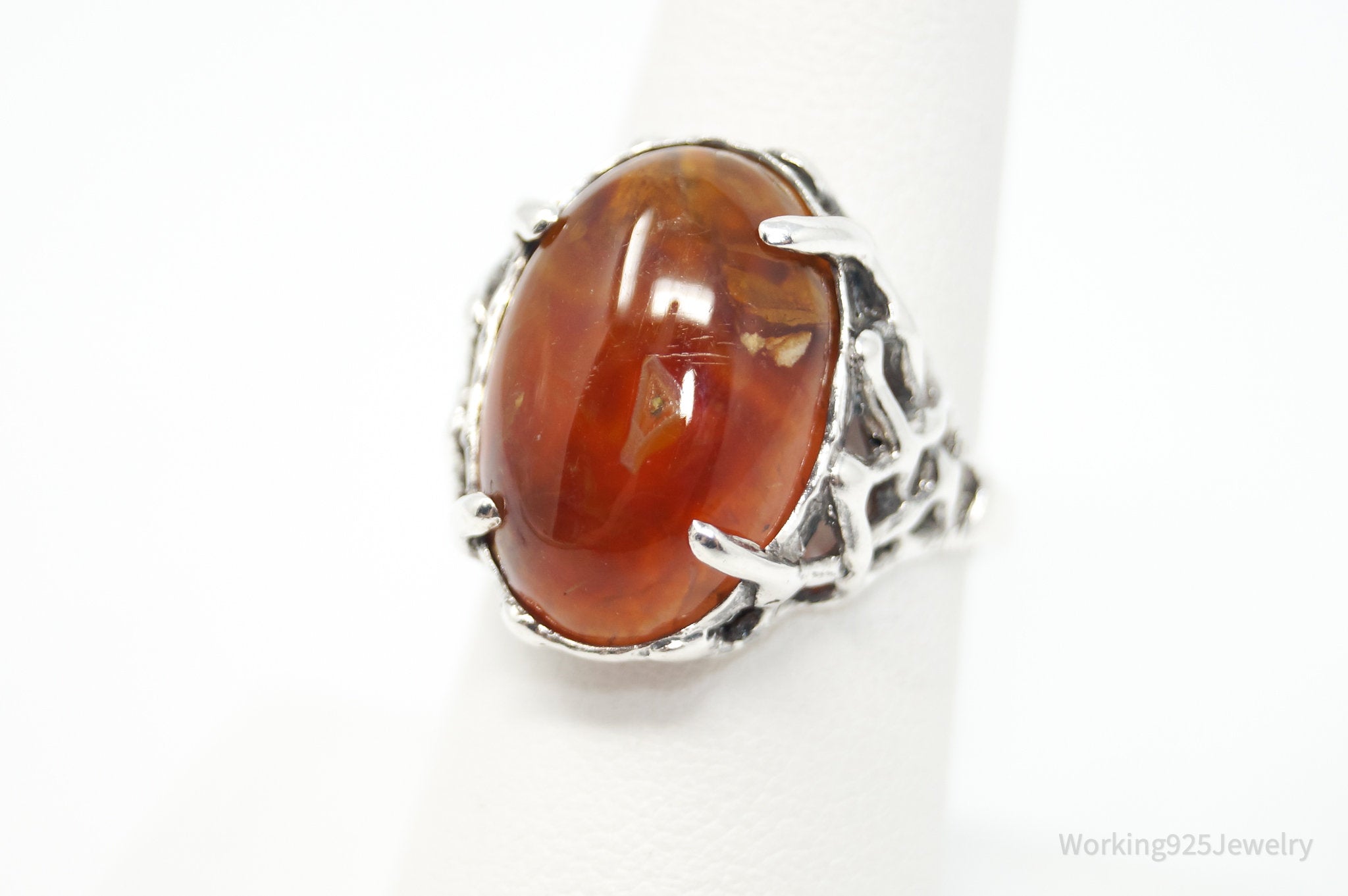 Vintage Red Agate Brutalist Sterling Silver Ring - Sz 7.5