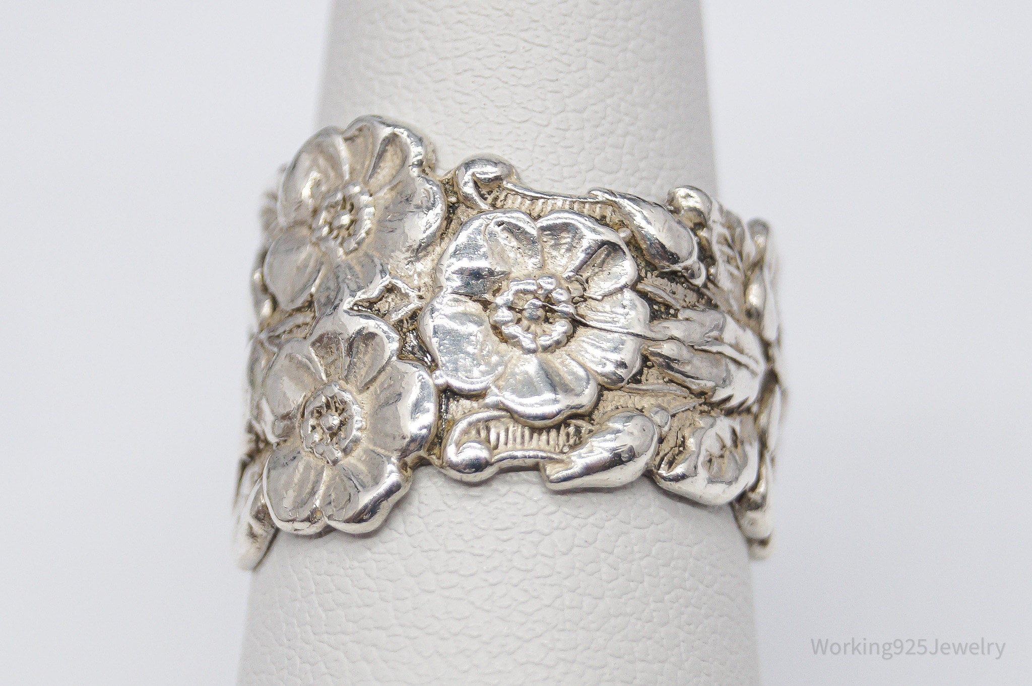 Antique Designer Paille Floral Pattern Sterling Silver Ring - Size 7.75