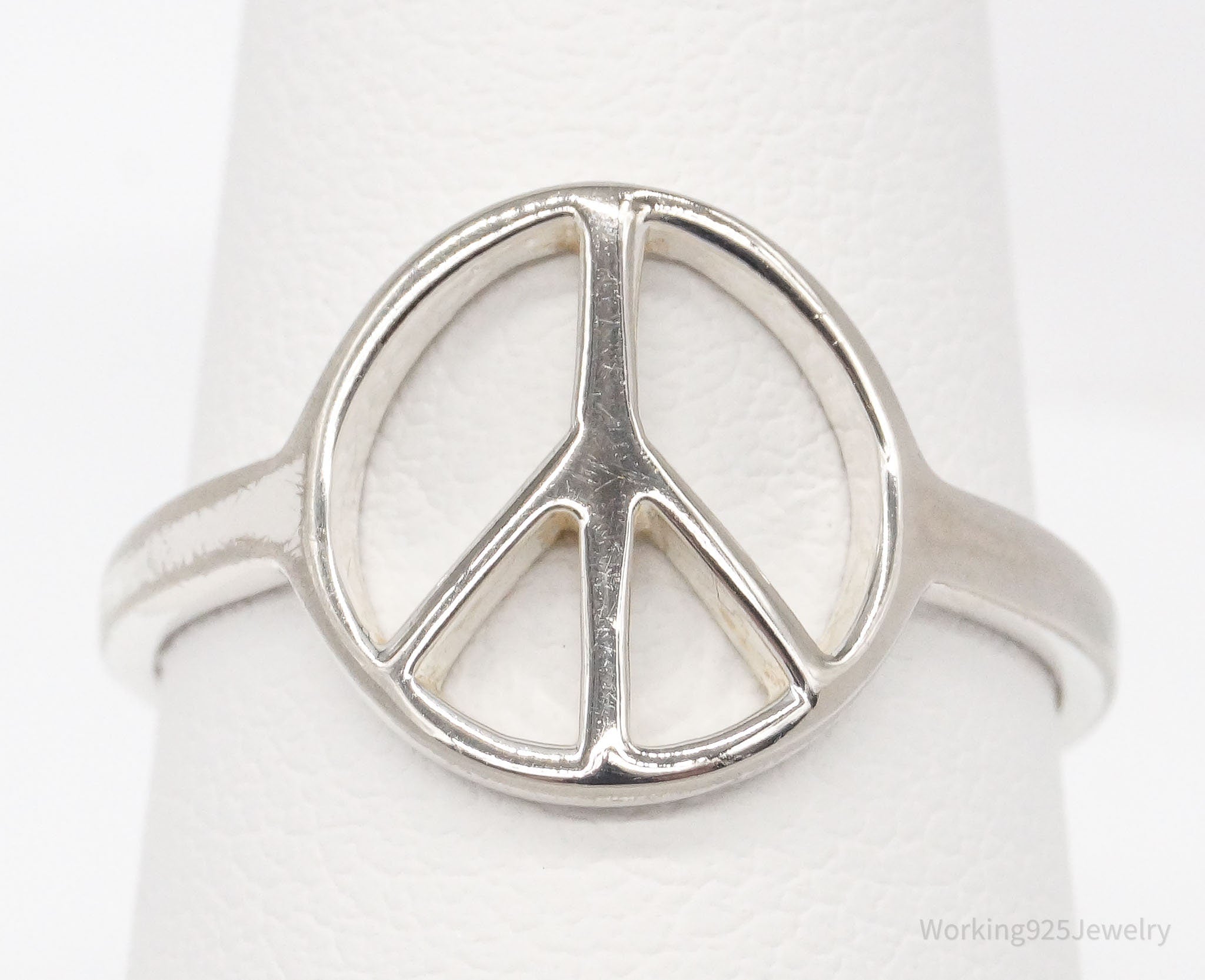 Vintage Peace Sign Sterling Silver Rhodium Plated Ring - Size 6.75