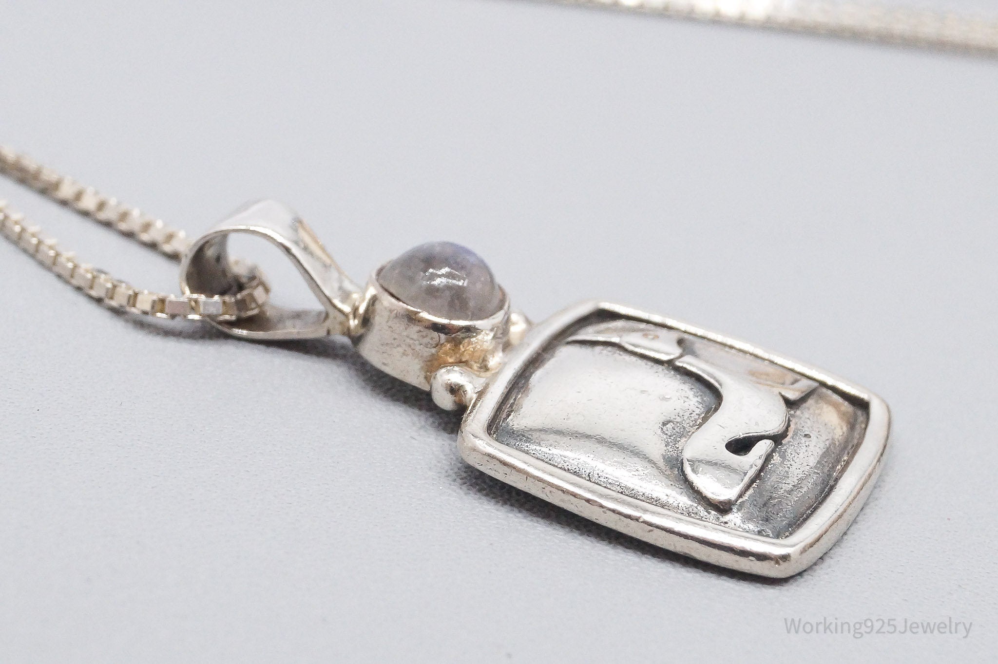 Vintage Egyptian God Anubis Moonstone Sterling Silver Necklace 30"