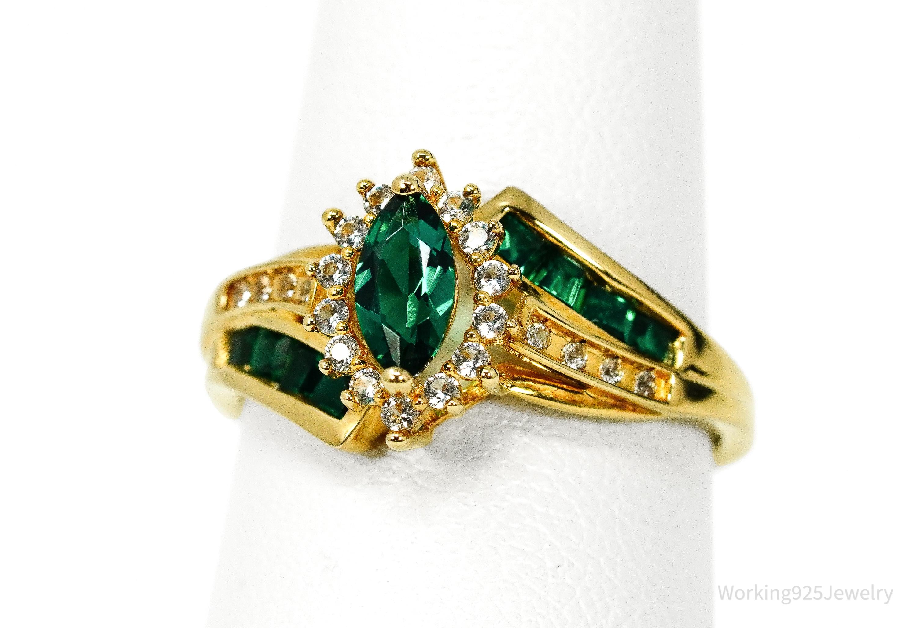 Vintage Emerald & White Sapphire Gold Vermeil Sterling Silver Ring - Size 7.25