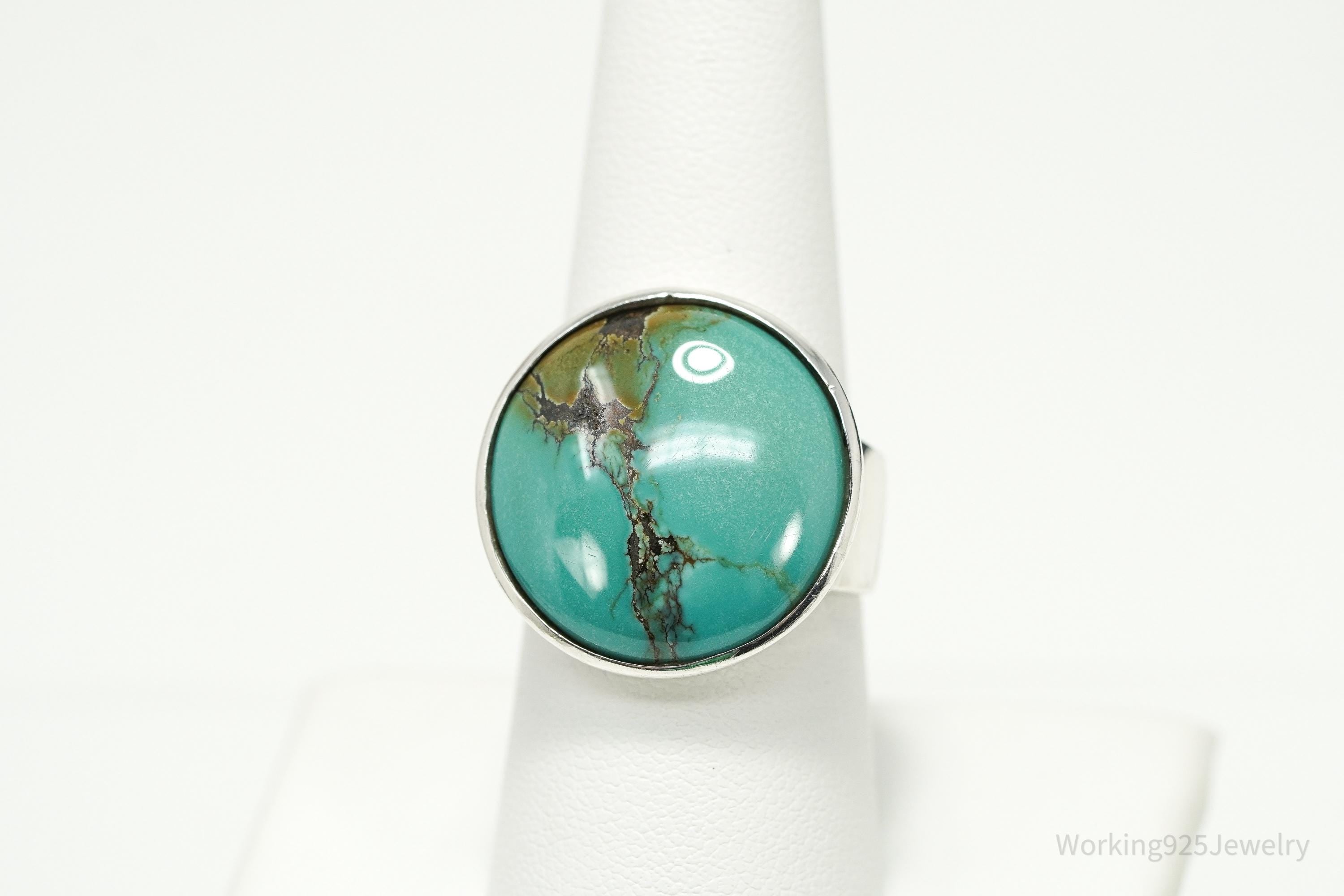 Vintage Large Round Turquoise Sterling Silver Statement Ring Size 8