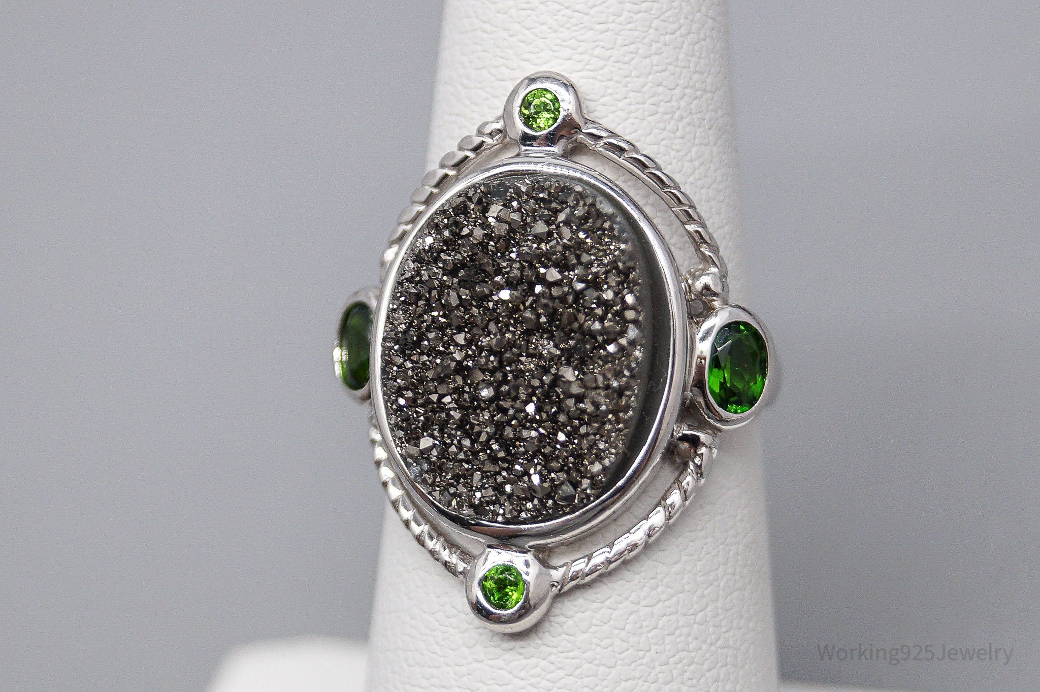 Druzy Quartz & Green Chrome Diopside Sterling Silver Ring - Size 6