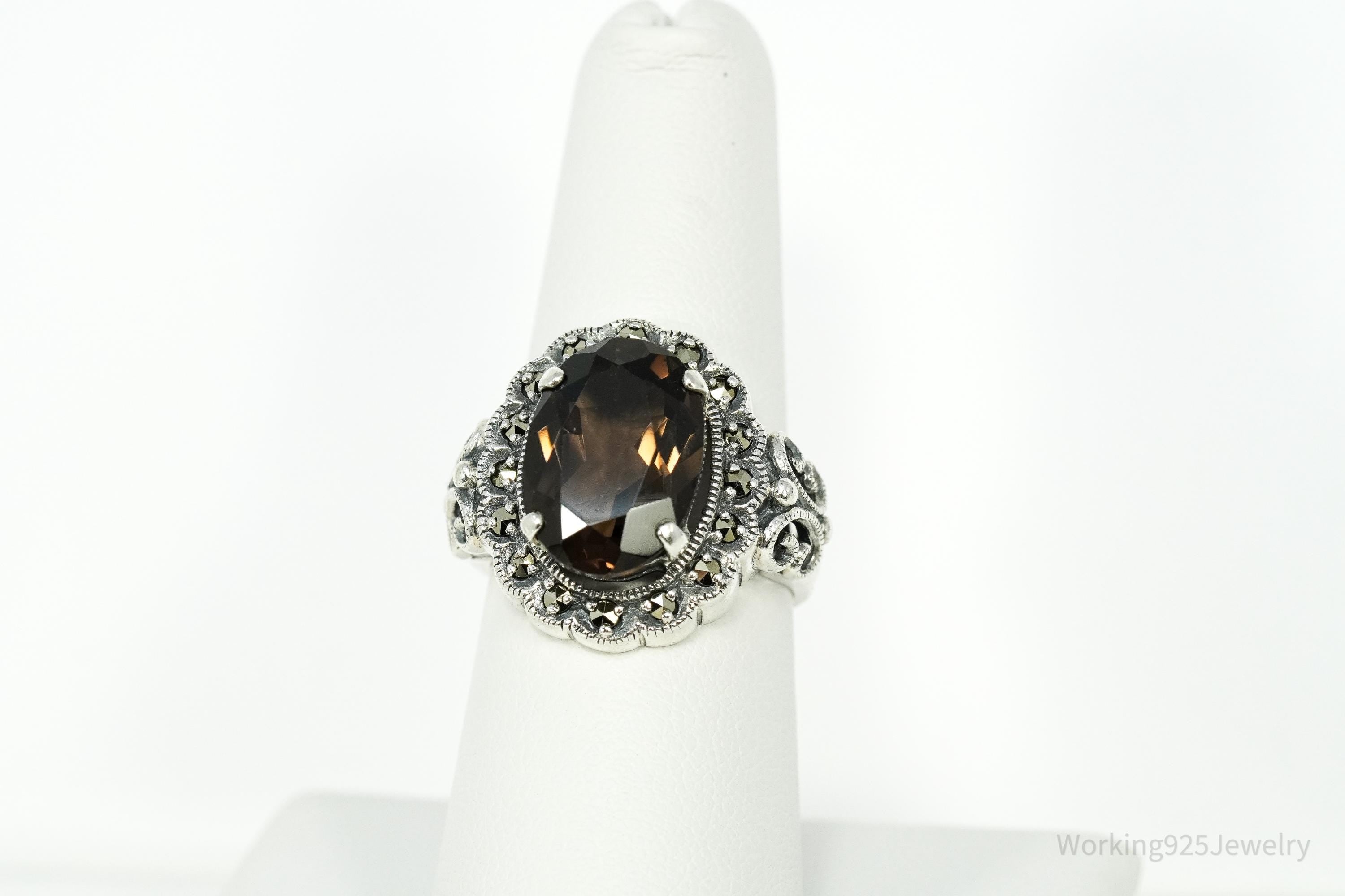 Vintage Large Smoky Topaz & Marcasite Sterling Silver Ring - Size 7.25
