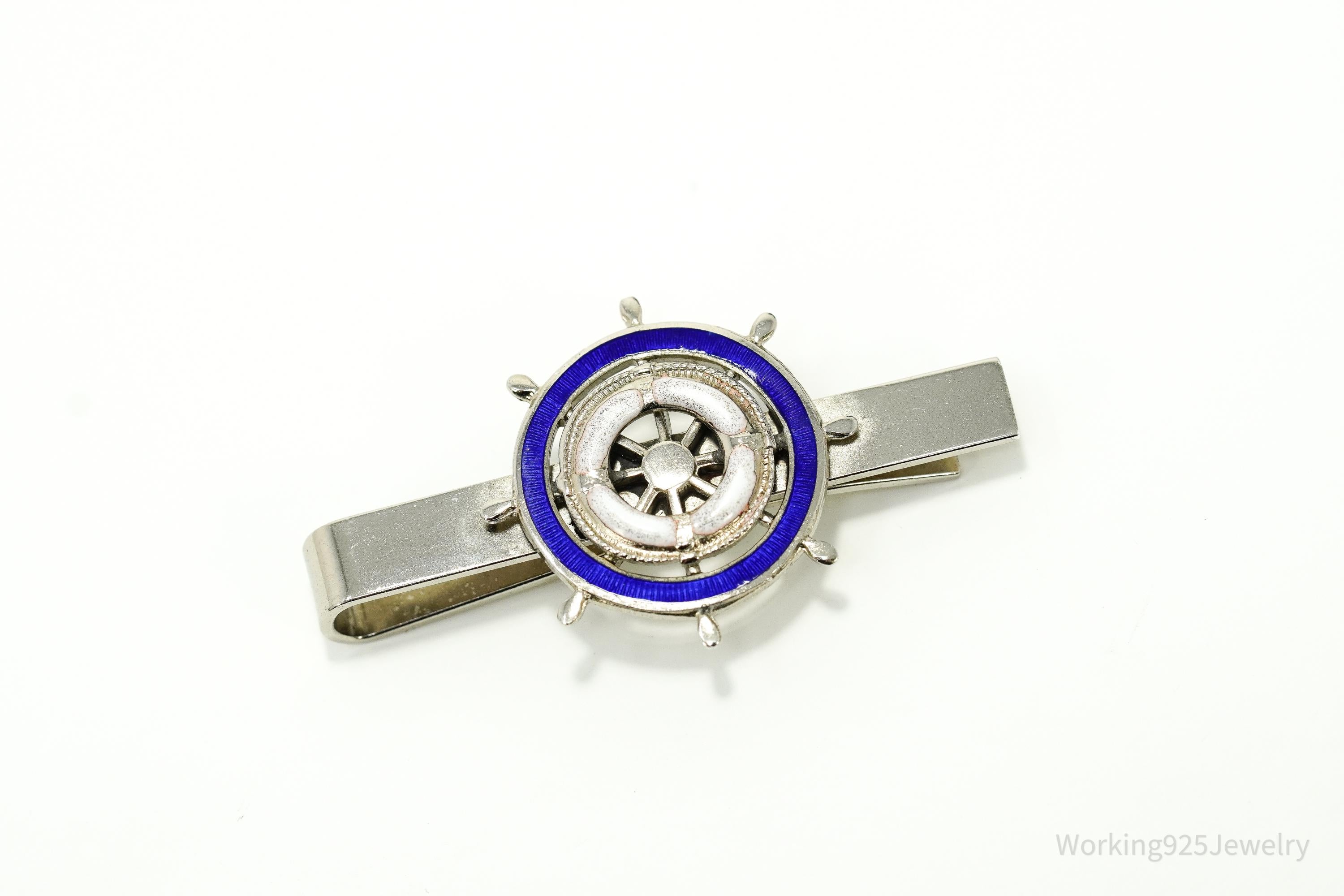 Vintage Blue & White Enamel Ship Wheel Sterling Silver Tie Bar