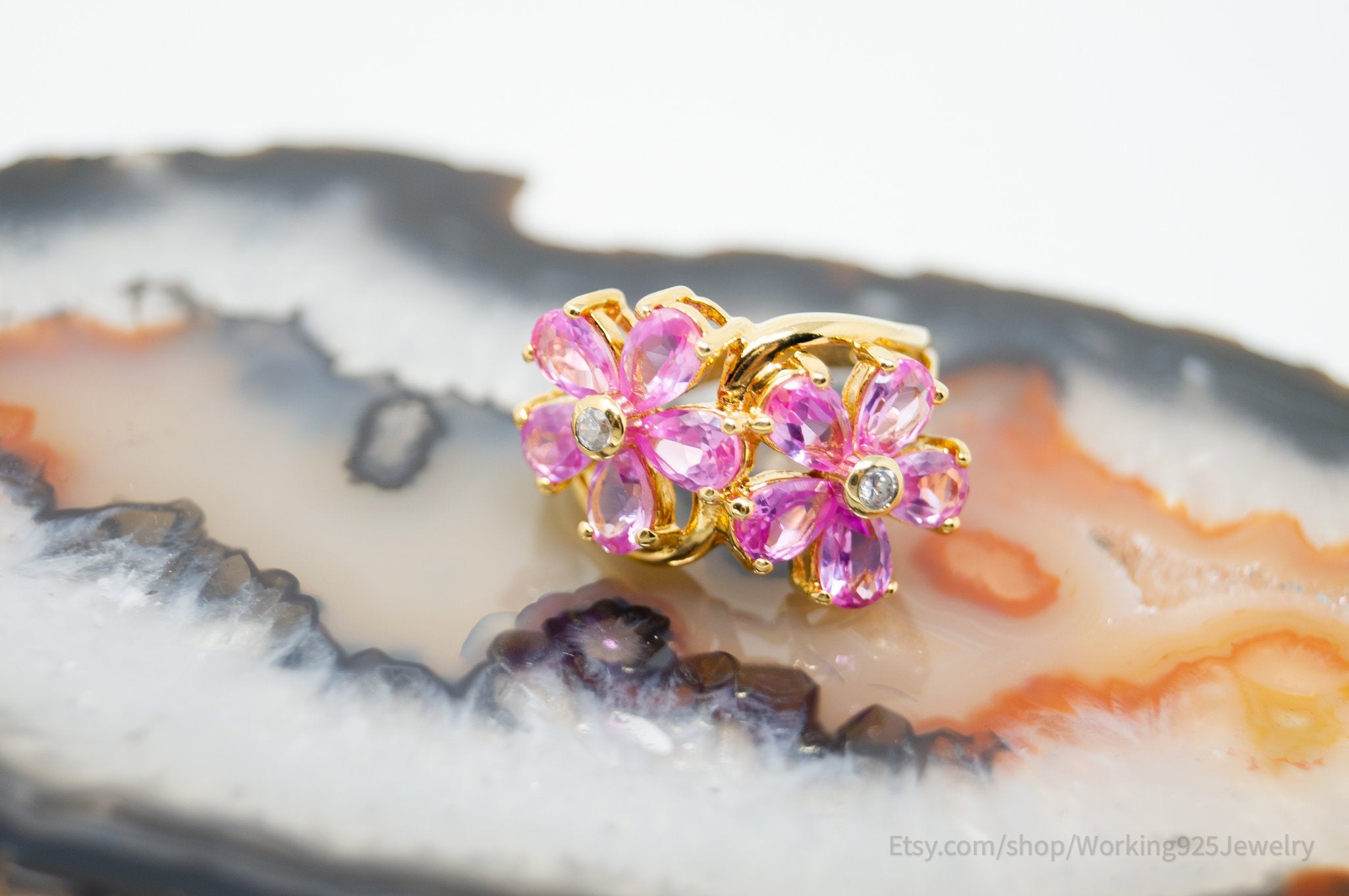 Vintage Pink Topaz Gold Vermeil CZ Statement Ring Sterling Silver - Size 5.75