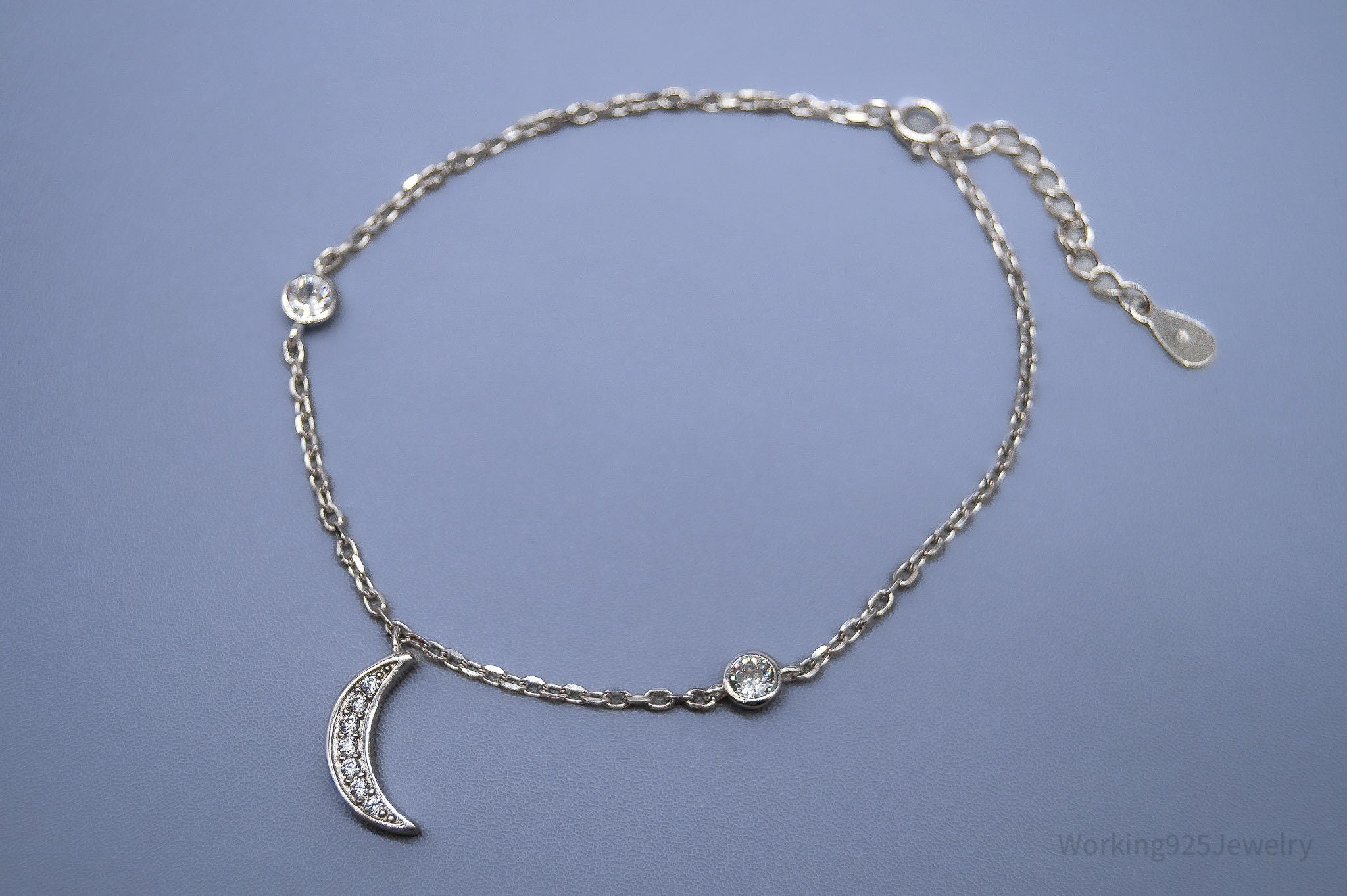 Vintage Cubic Zirconia Moon Charm Sterling Silver Bracelet - 8.25"