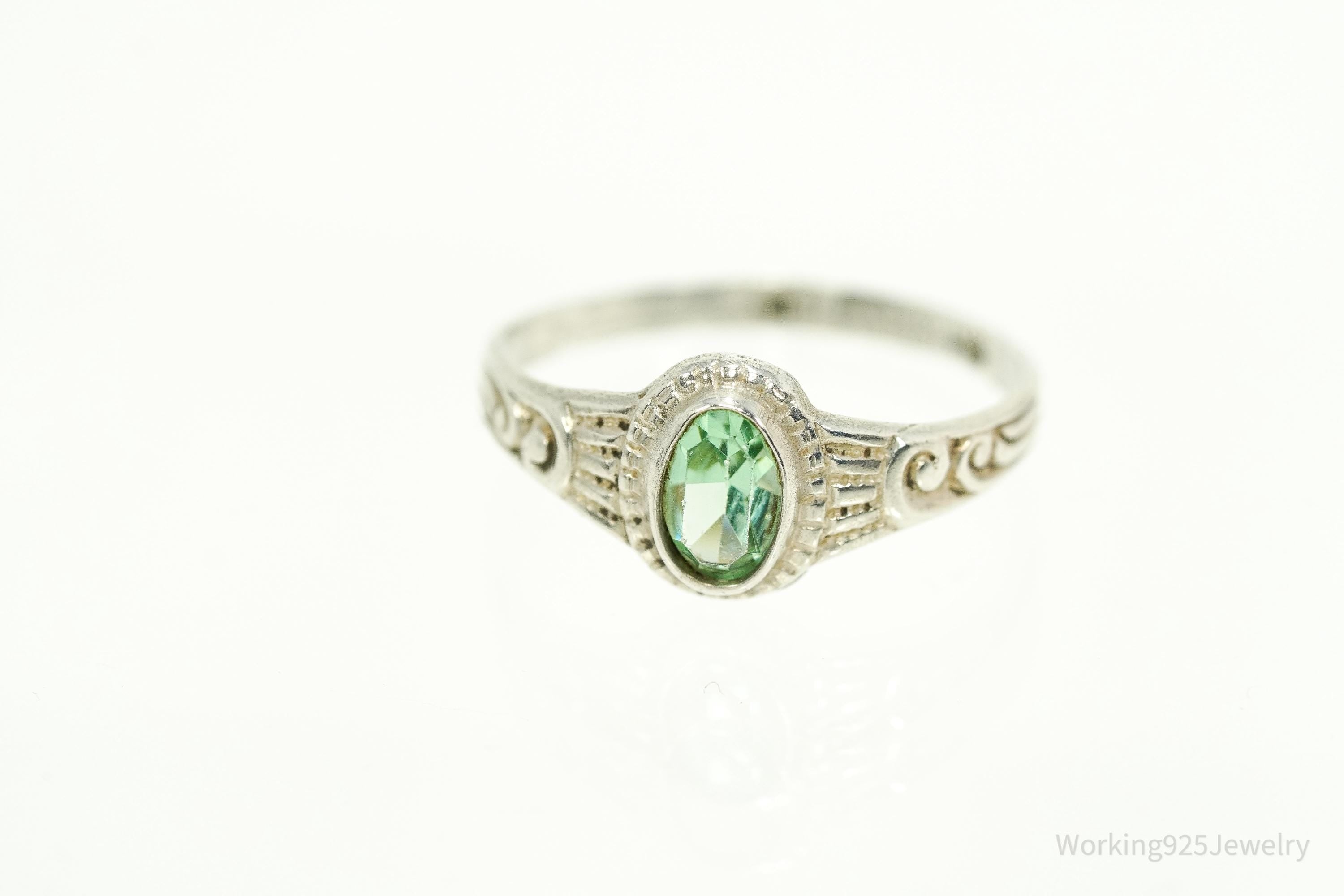 Antique Designer Uncas Green Glass Stone Sterling Silver Ring - Size 6