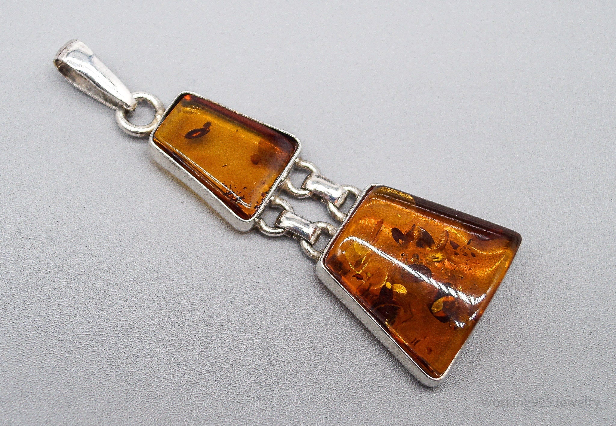 Large Vintage Amber Silver Necklace Pendant