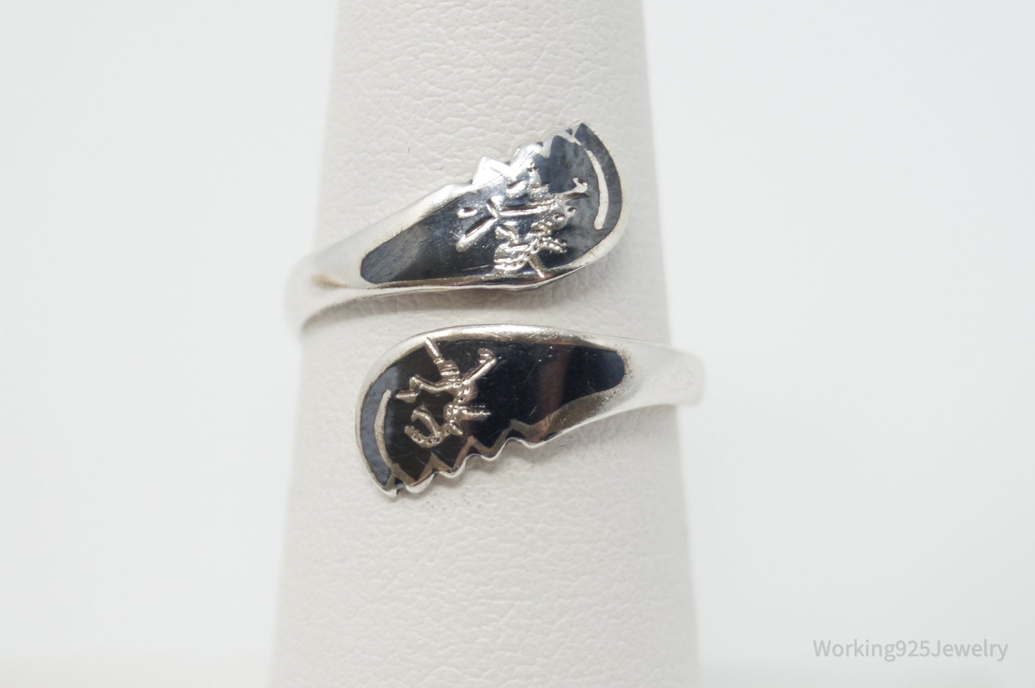 VTG Amfarco Siam Niello Dancer Black Enamel Sterling Silver Wrap Ring - Sz 6.5