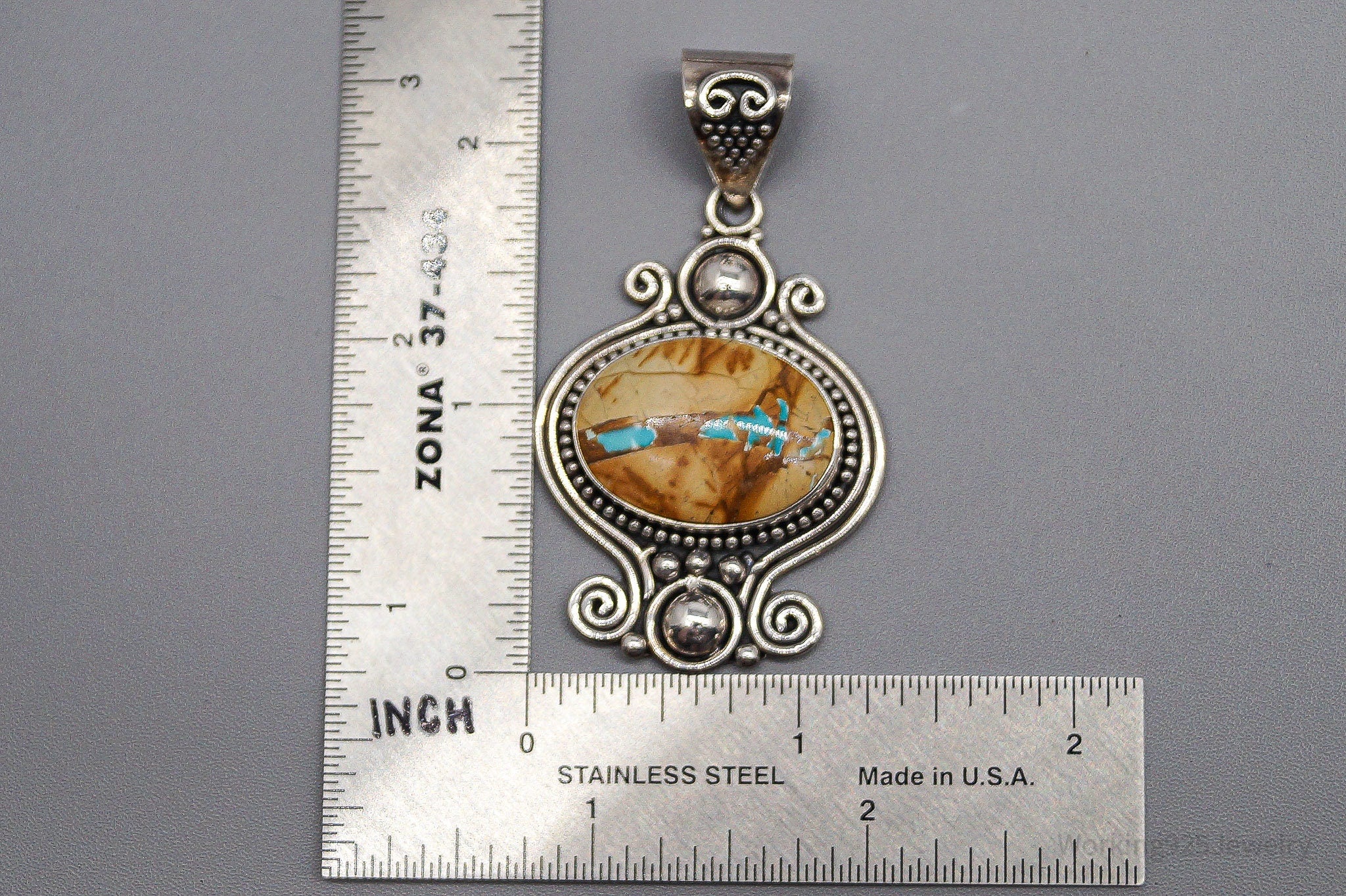 Large Vintage BNY Jasper With Hint Of Turquoise Sterling Silver Pendant