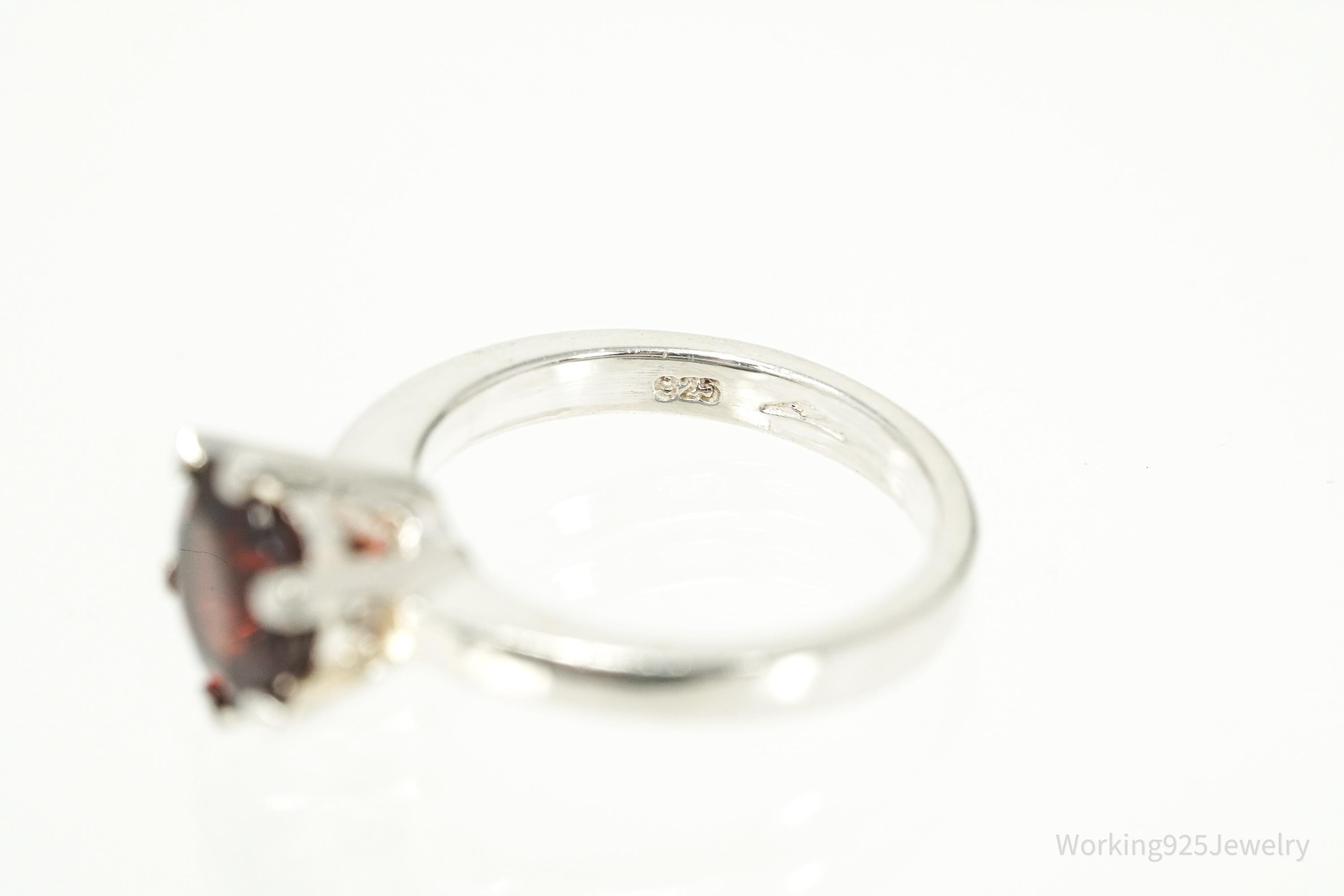 Vintage Sterling Silver Ring • Round Garnet Solitaire Gemstone Size 5