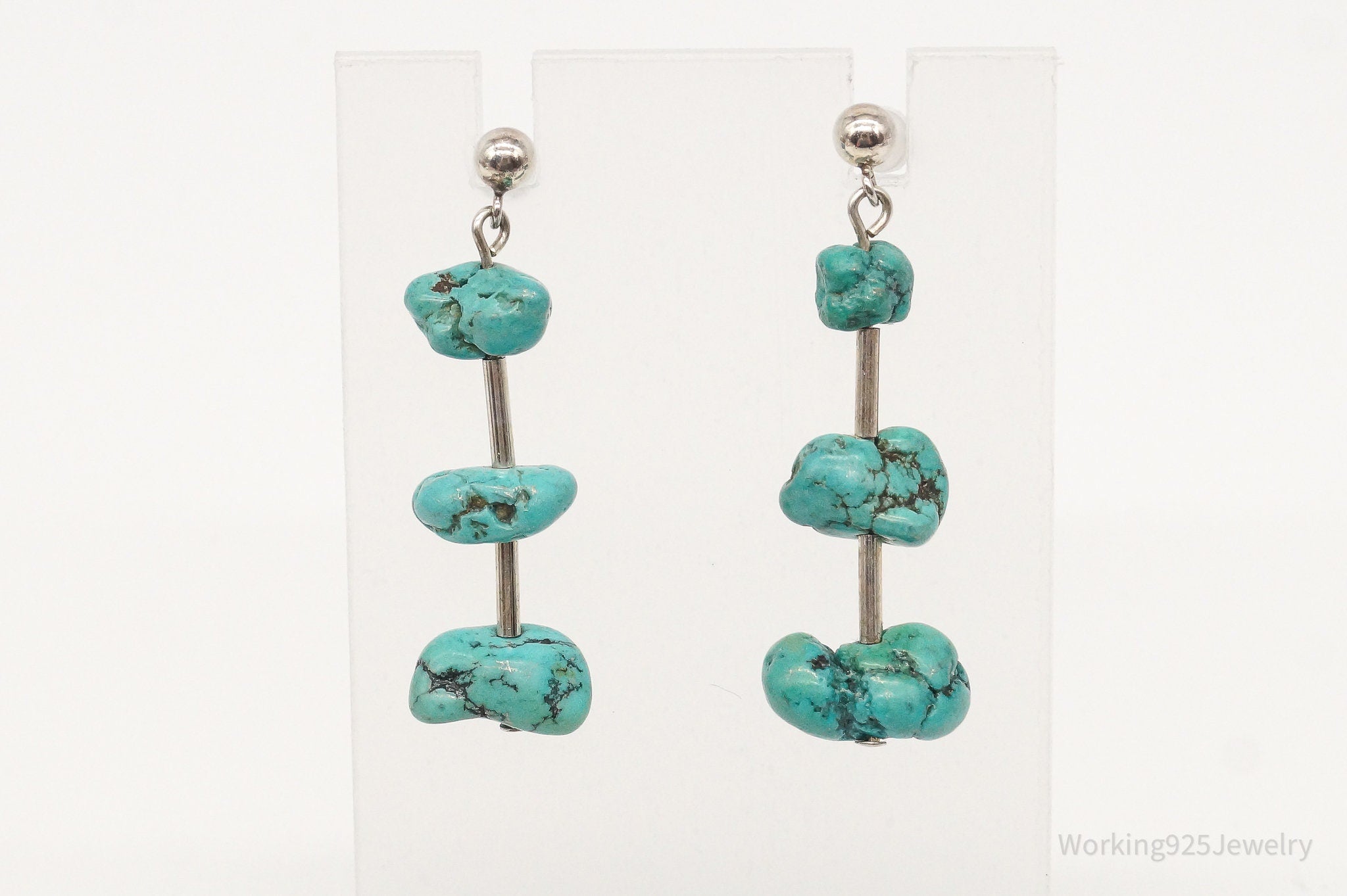 Vintage Native American Turquoise Nuggets Beads Sterling Silver Earrings