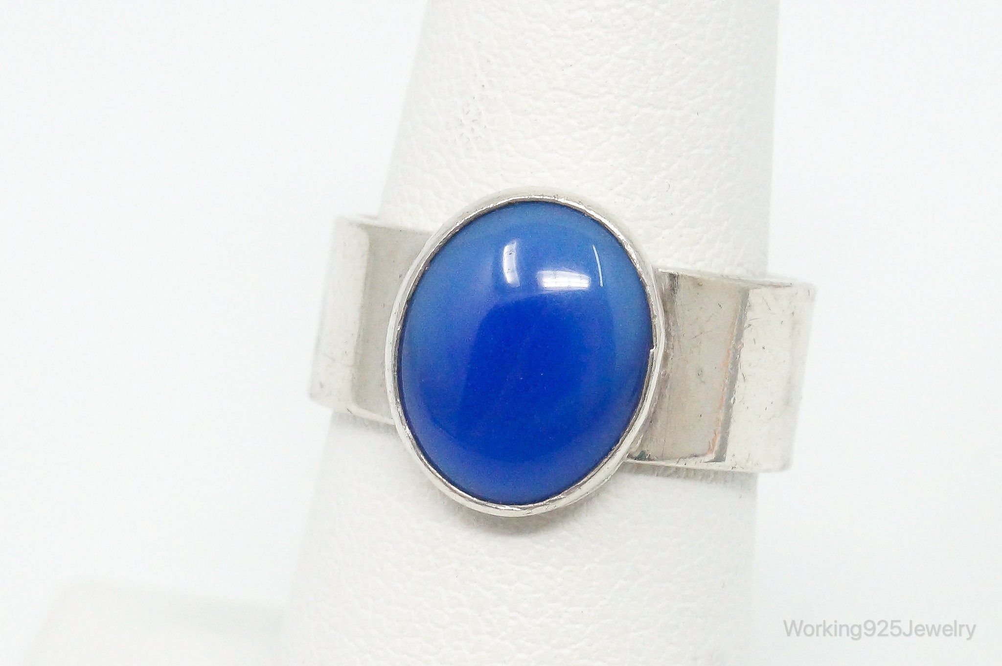 Vintage Mexico Blue Glass Modernist Sleek Sterling Silver Ring - Size 7.25