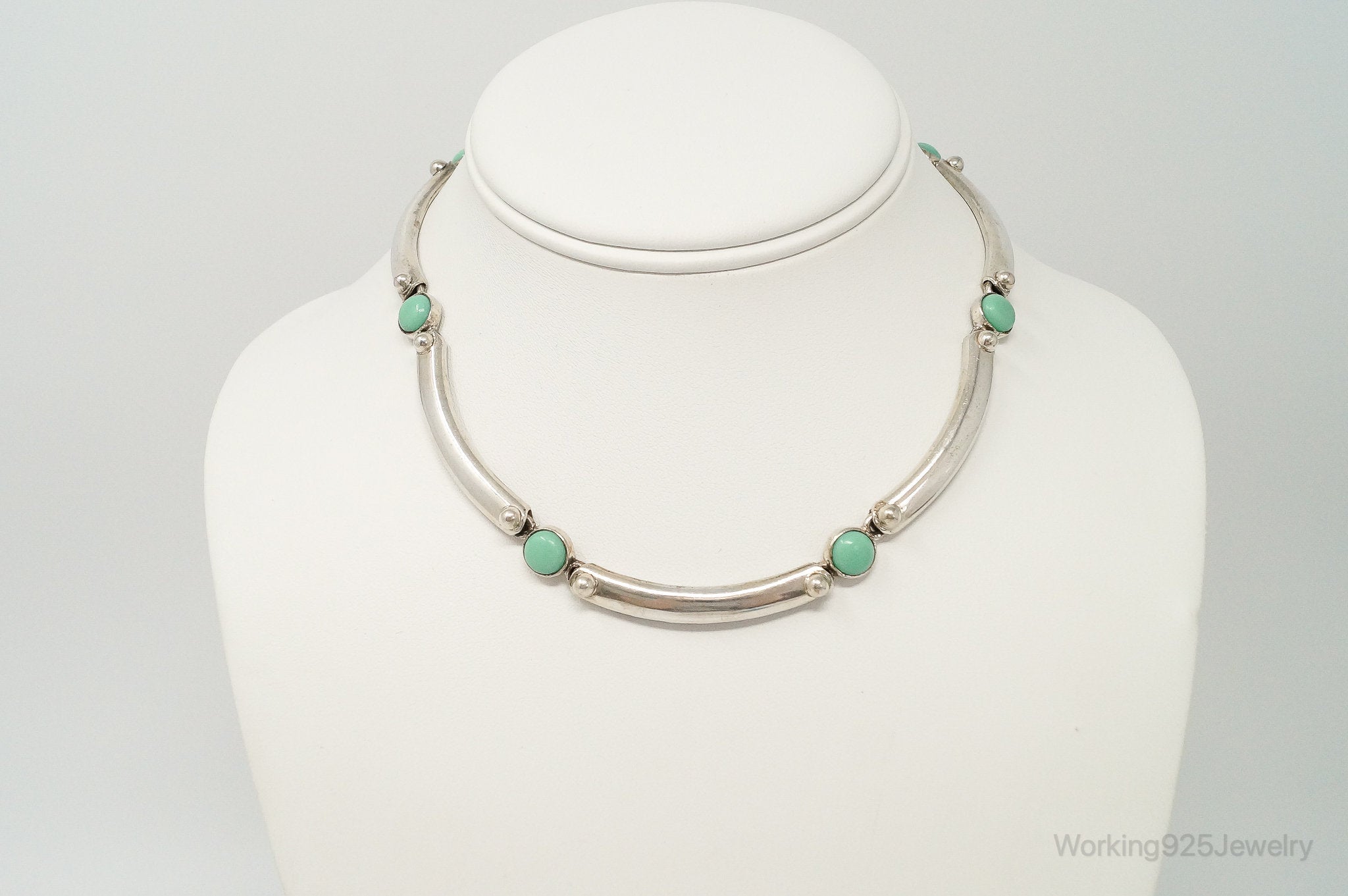 Vintage Mexico Turquoise Modernist Sterling Silver Necklace