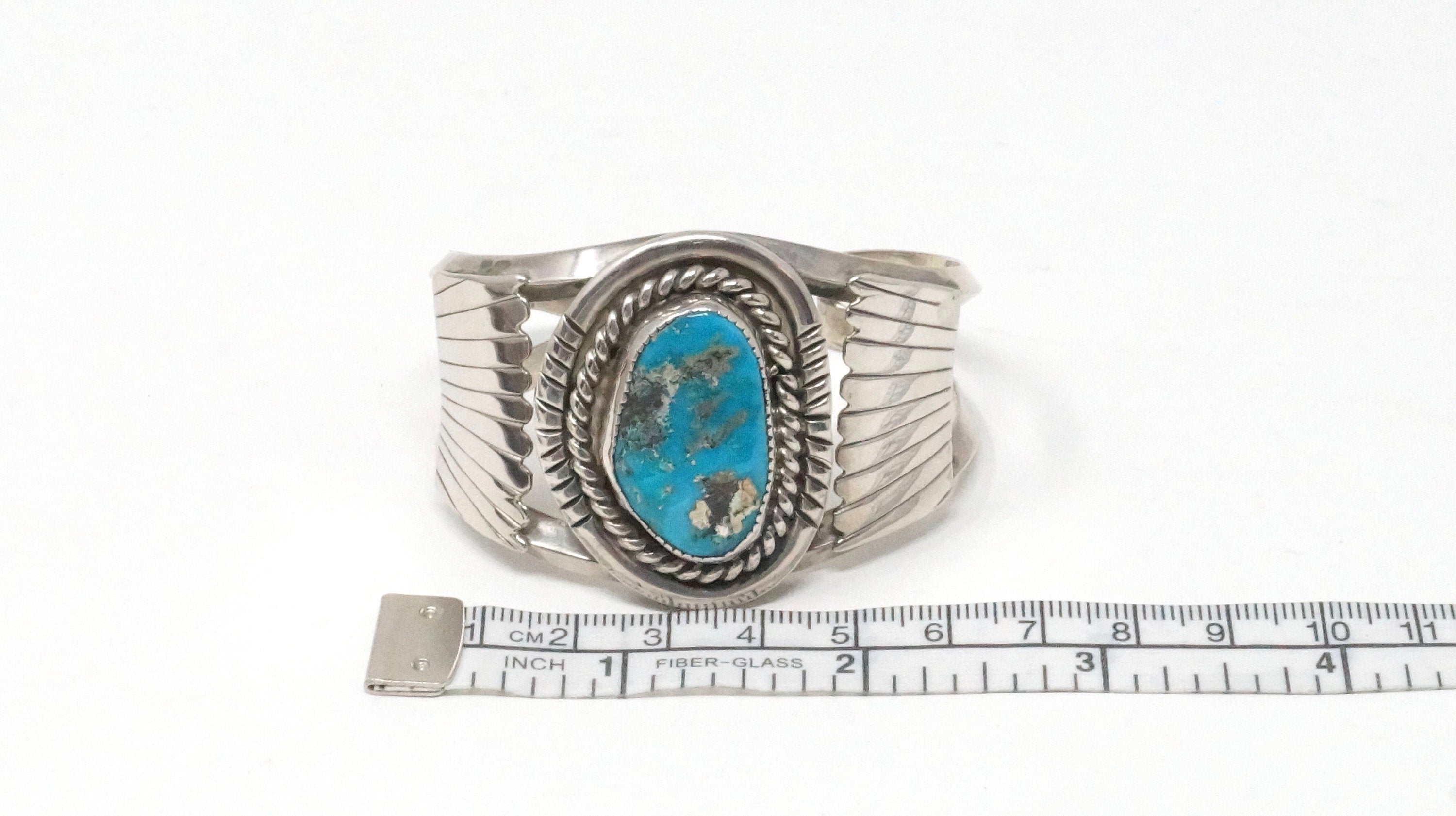 Vintage Native American WF Large Turquoise Rope Sterling Silver Cuff Bracelet