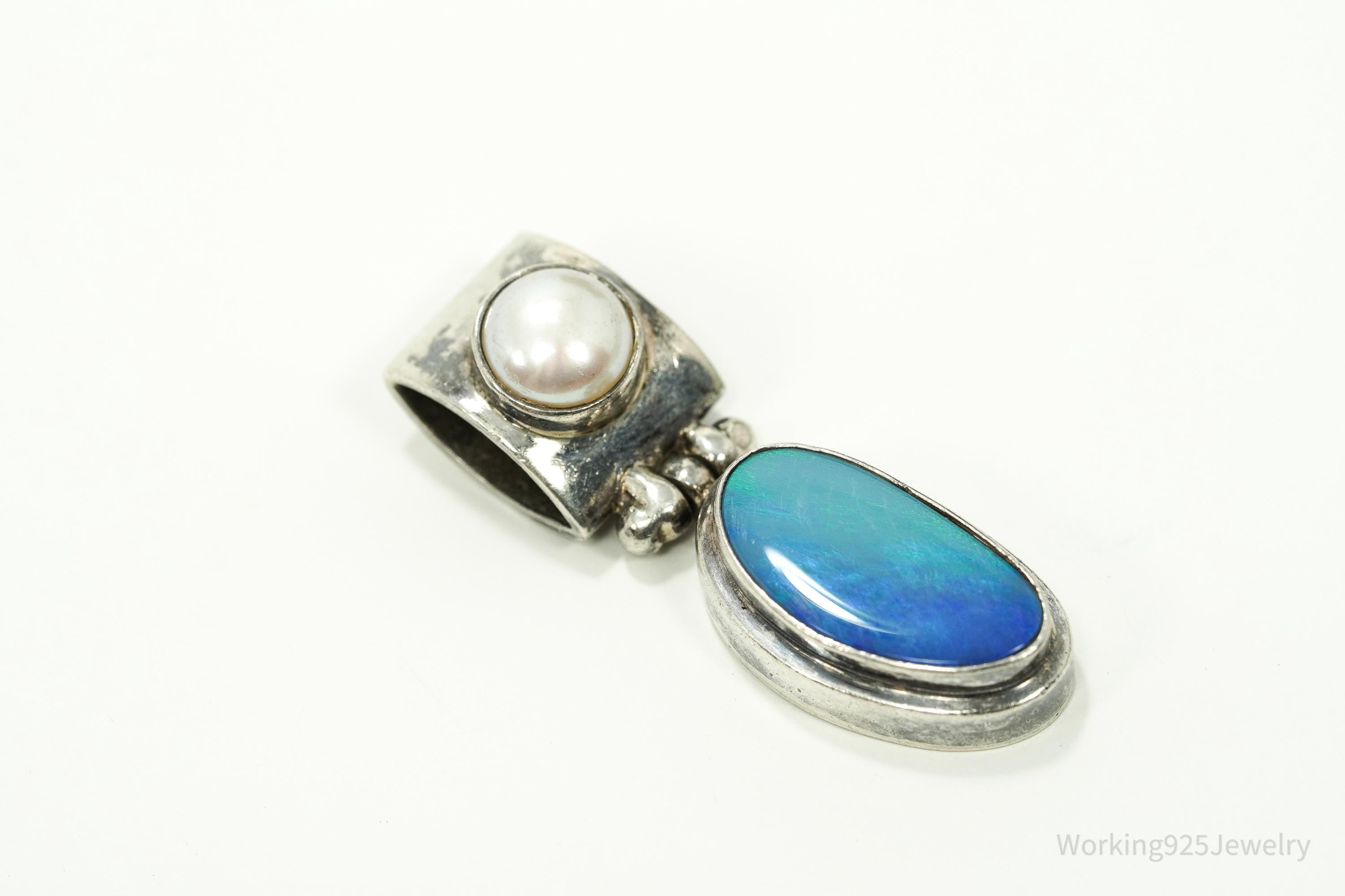 Large Vintage Blue Opal & Pearl Sterling Silver Pendant