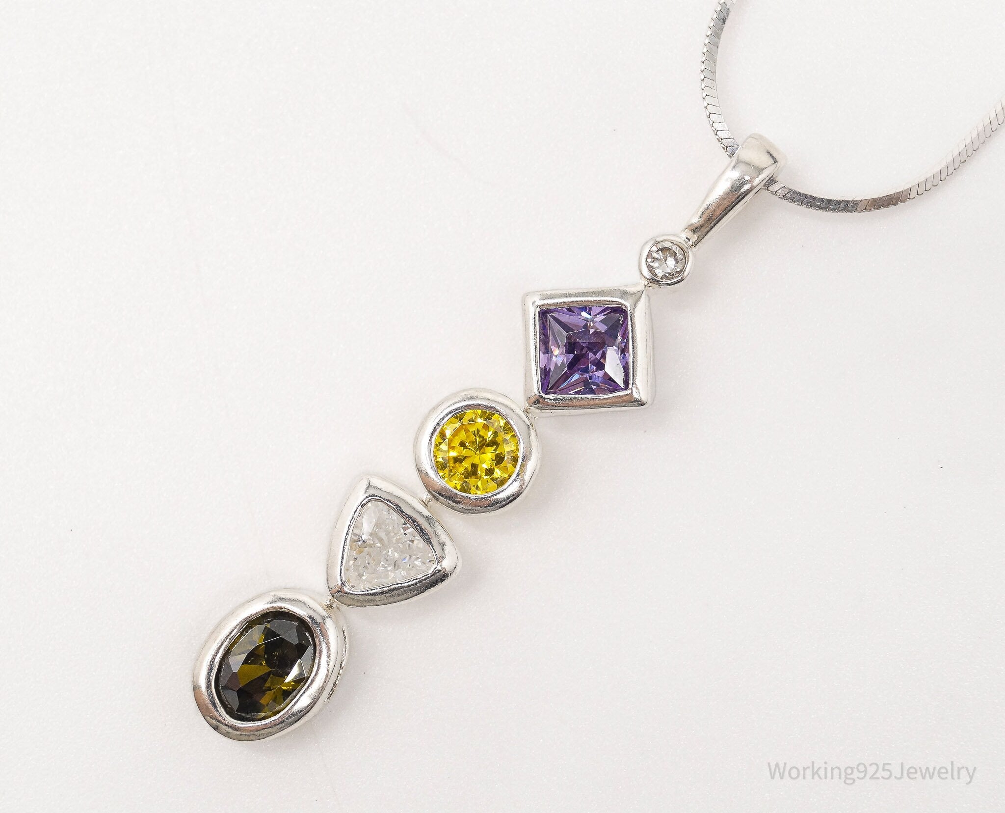 Vintage Amethyst Citrine Peridot Cubic Zirconia Sterling Silver Necklace 18"