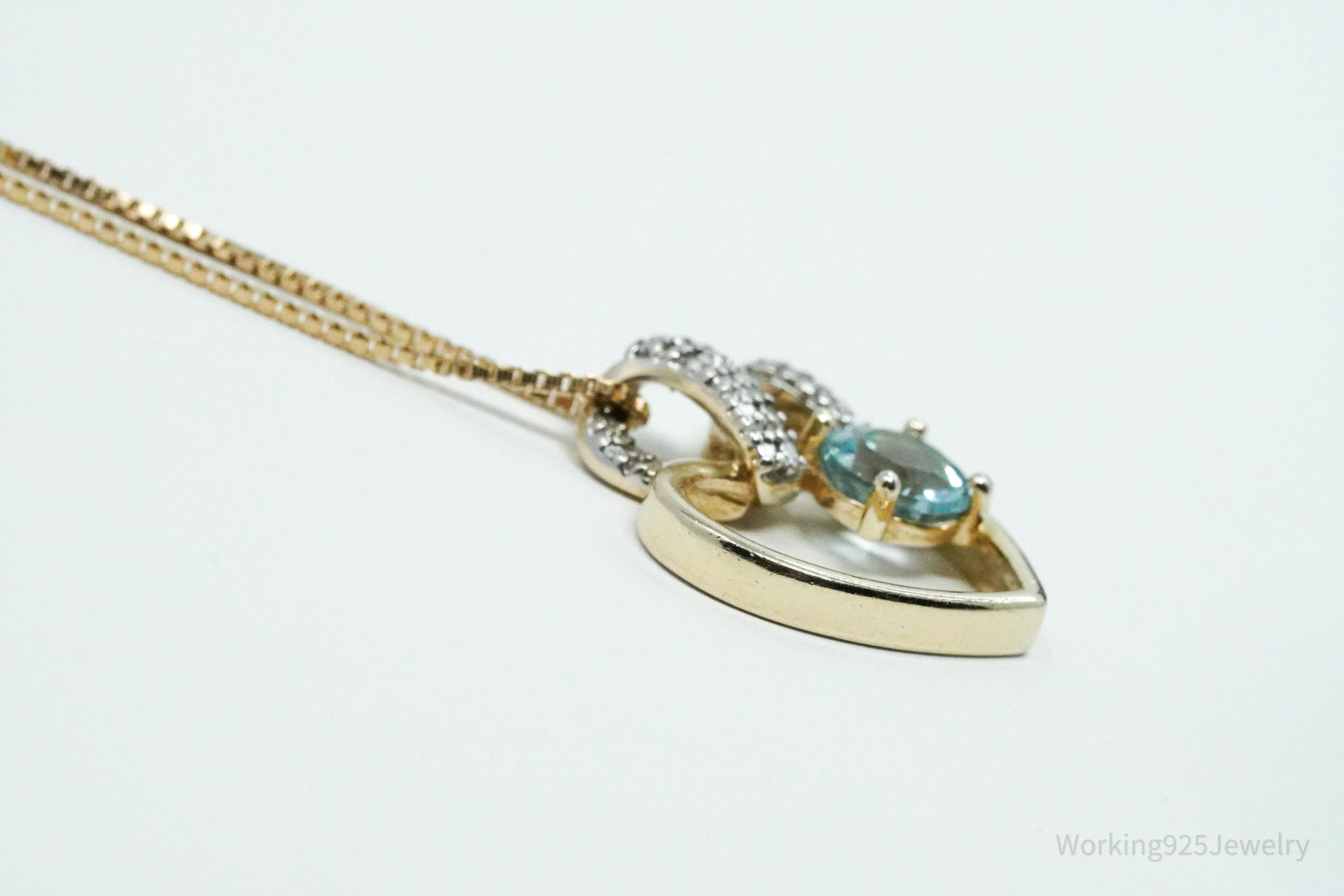 Vintage Ross Simons Blue Topaz & Diamond Gold Over Sterling Silver Necklace 18"