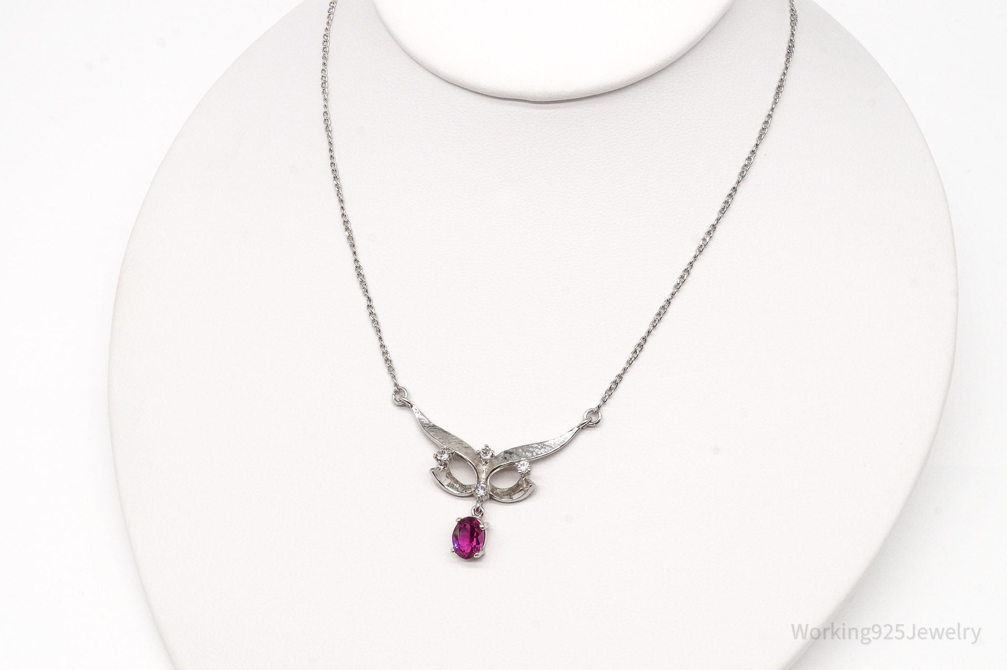 Vintage Simulated Ruby & Simulated Diamond Sterling Silver Necklace 17"