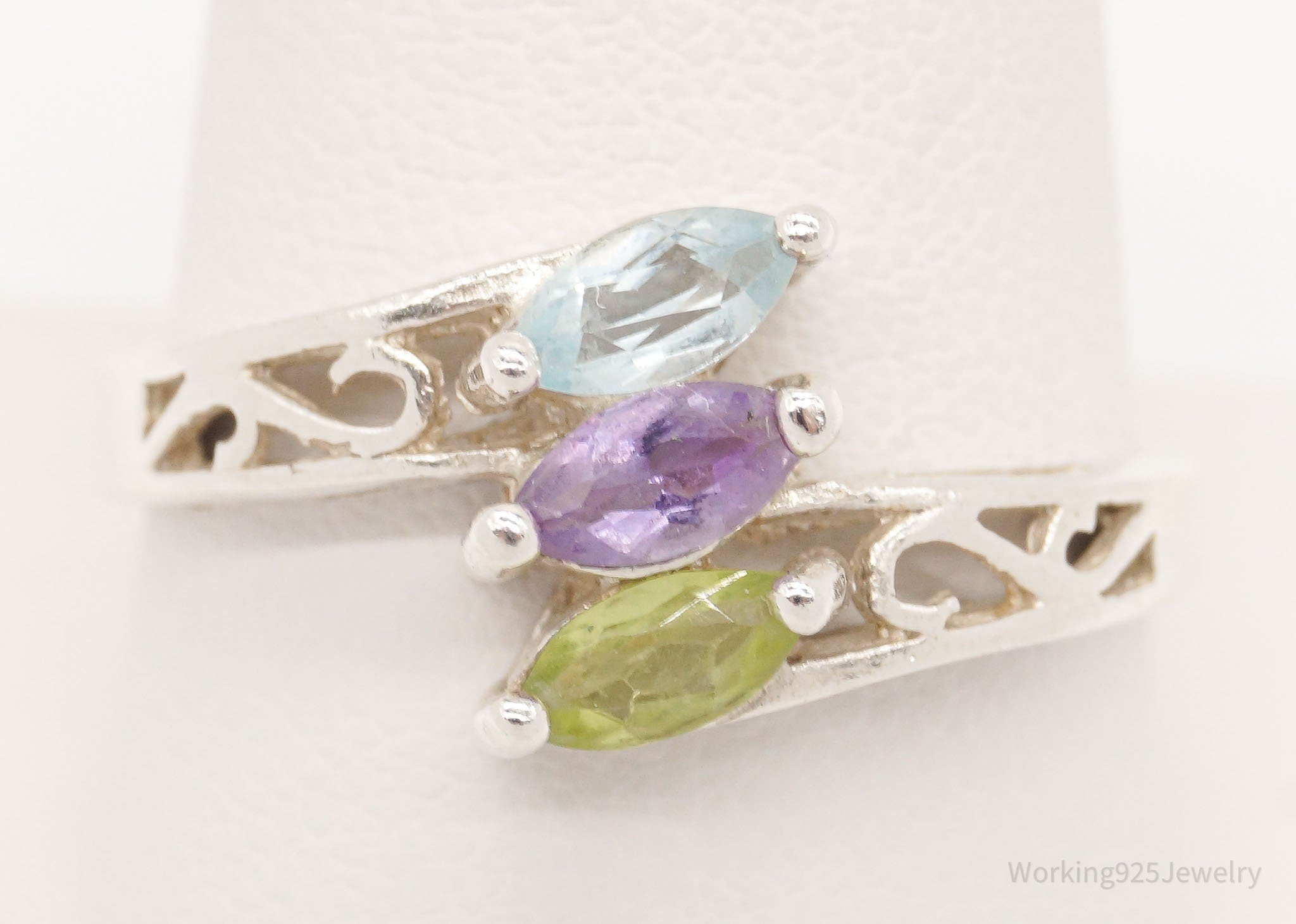 Vintage Peridot Blue Topaz Amethyst Sterling Silver Ring - Size 10.25