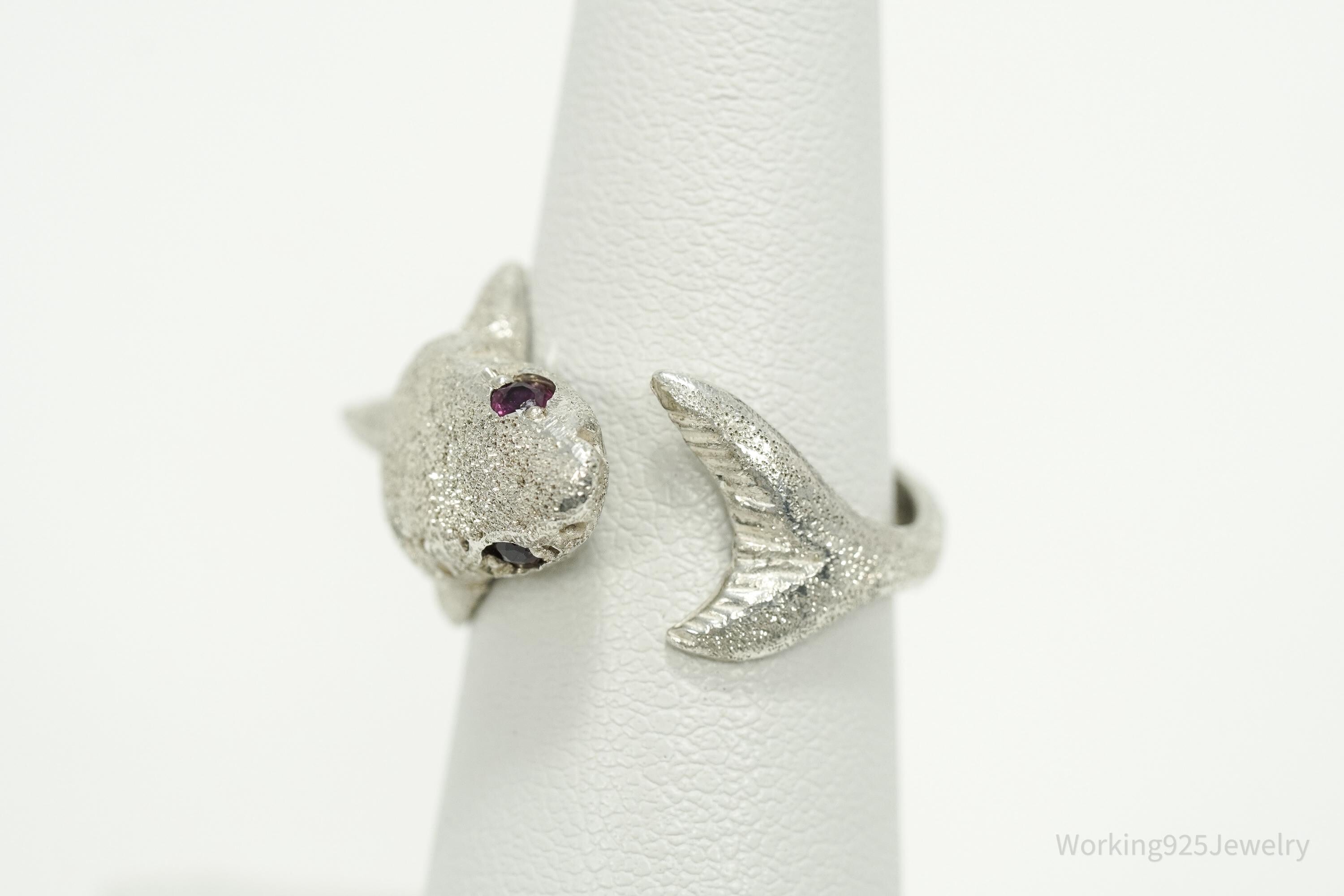 Vintage Ruby Eyed Shark Sterling Silver Wrap Ring - Size 6.25