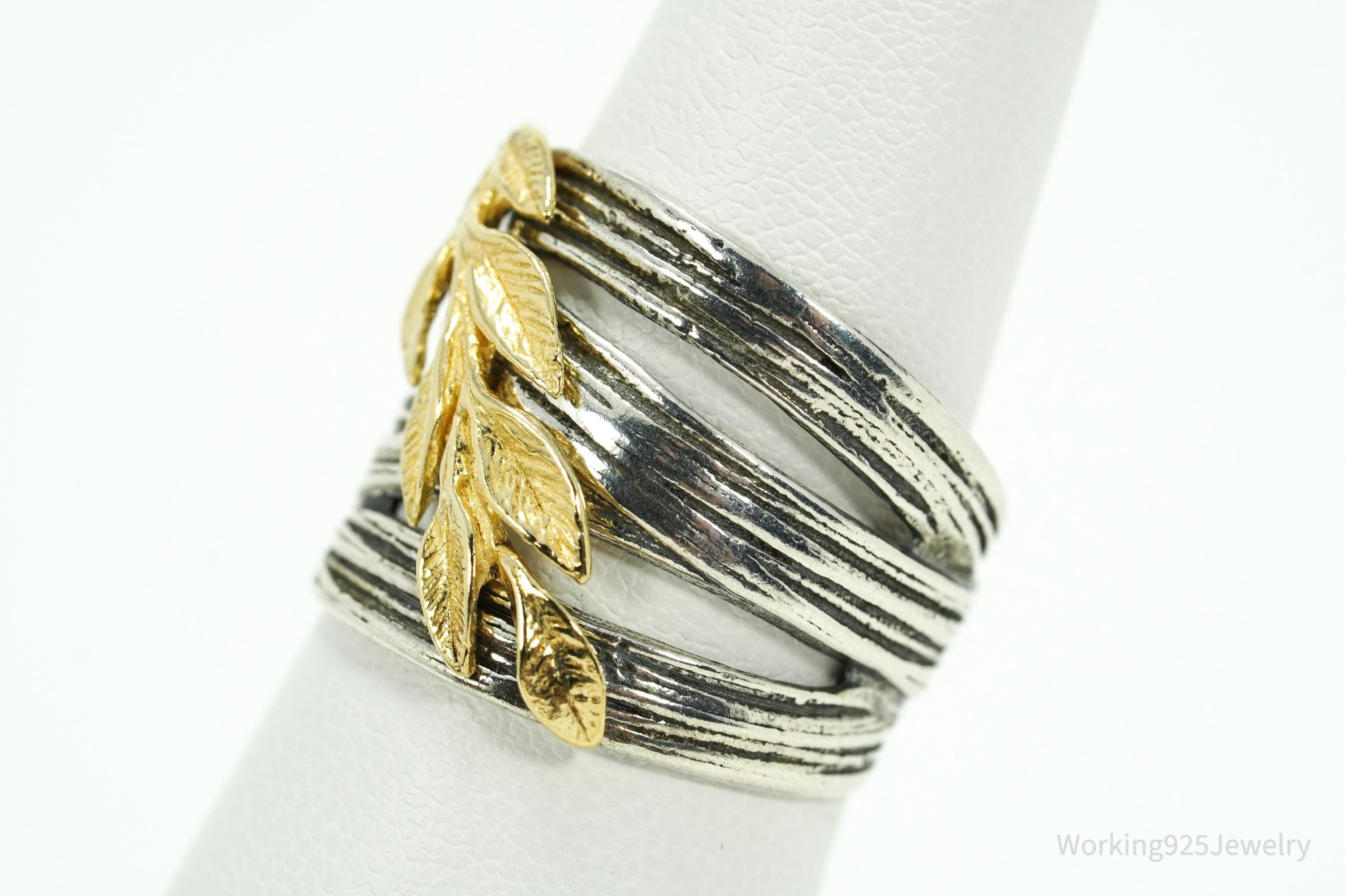 Vintage Israel Designer Paz Gold Vermeil Leaves Sterling Silver Ring Size 6.75