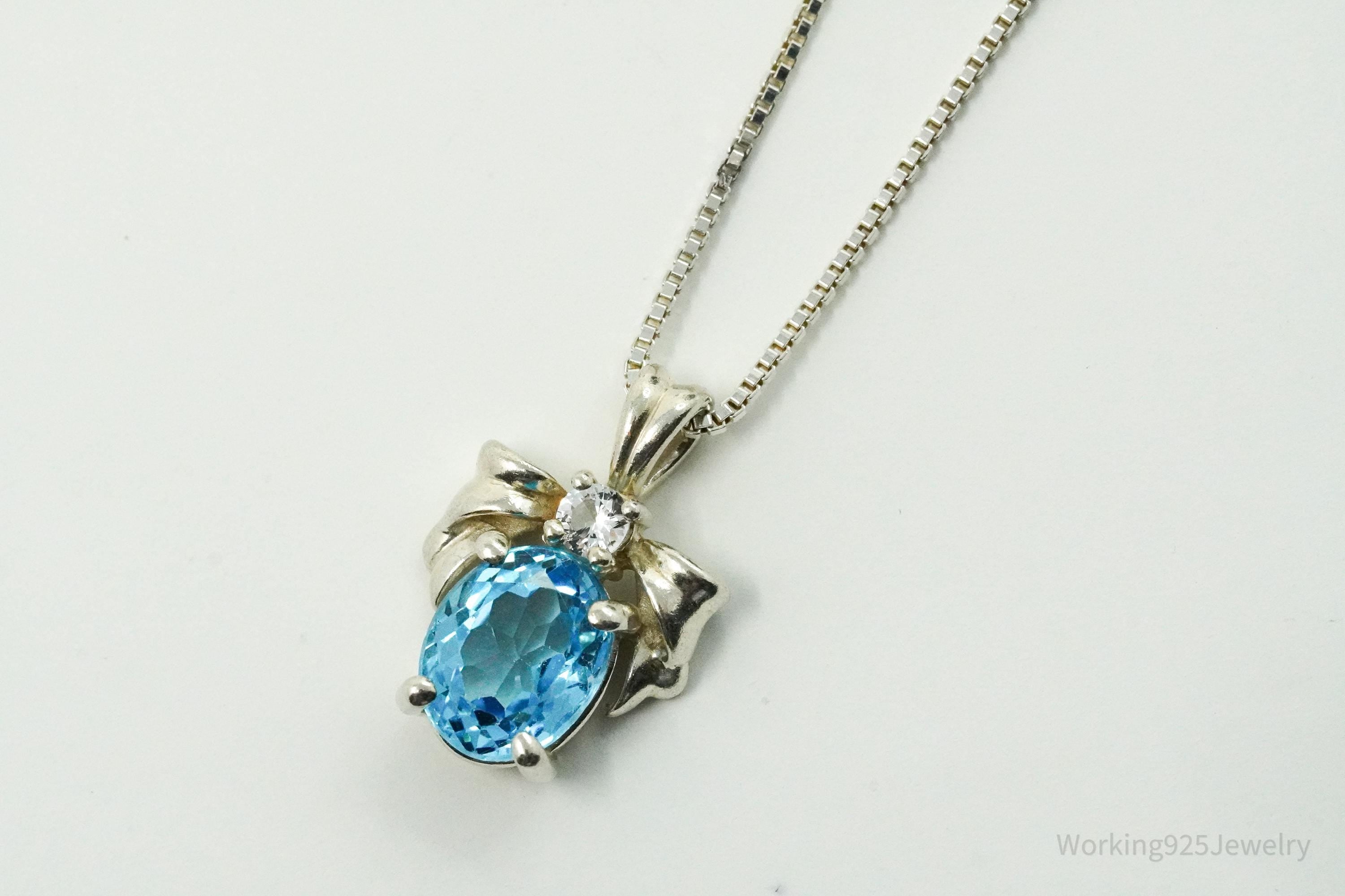 Vintage Blue Topaz & Cubic Zirconia Sterling Silver Necklace 18"