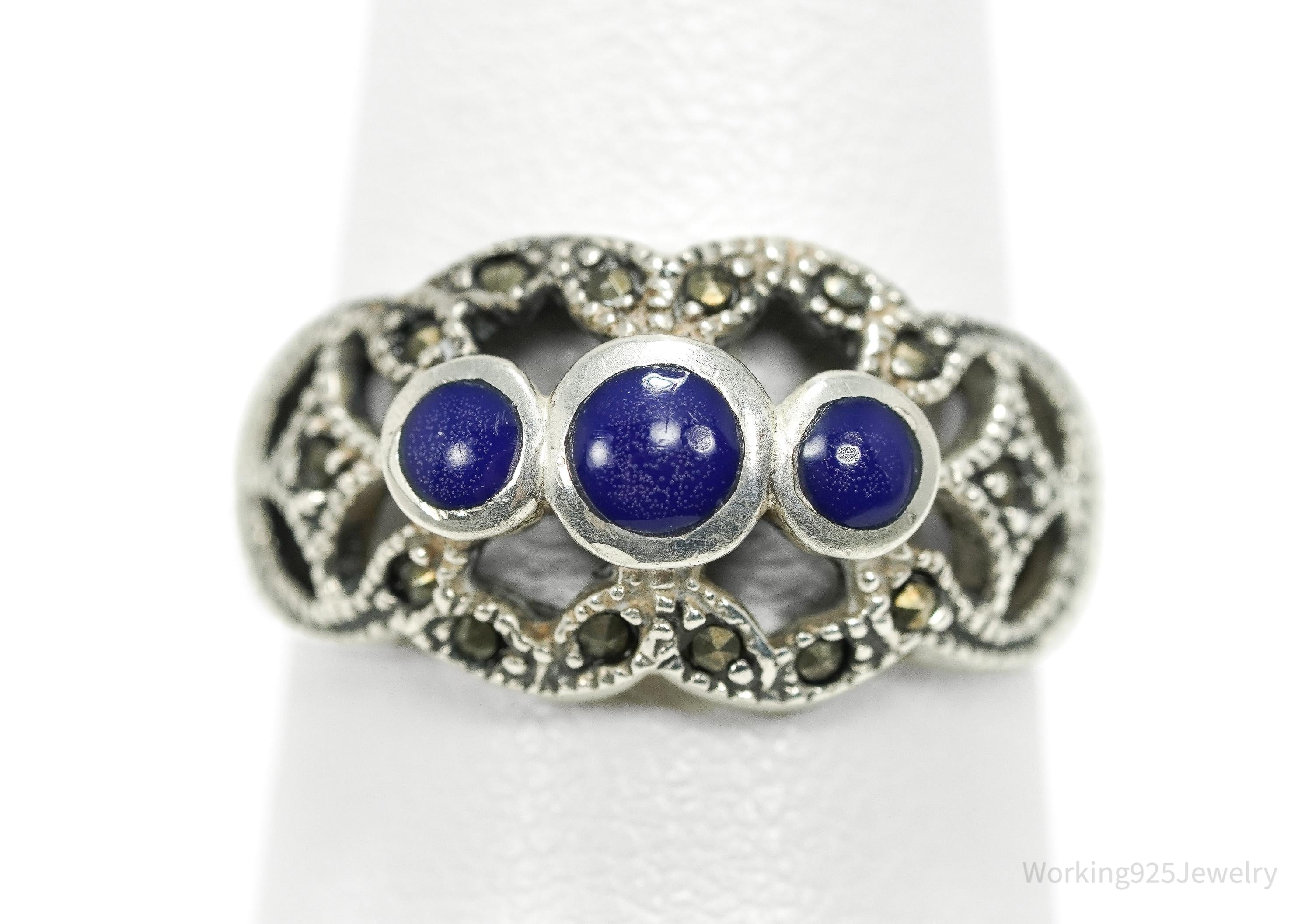 Vintage Lapis Lazuli & Marcasite Sterling Silver Ring - Size 7