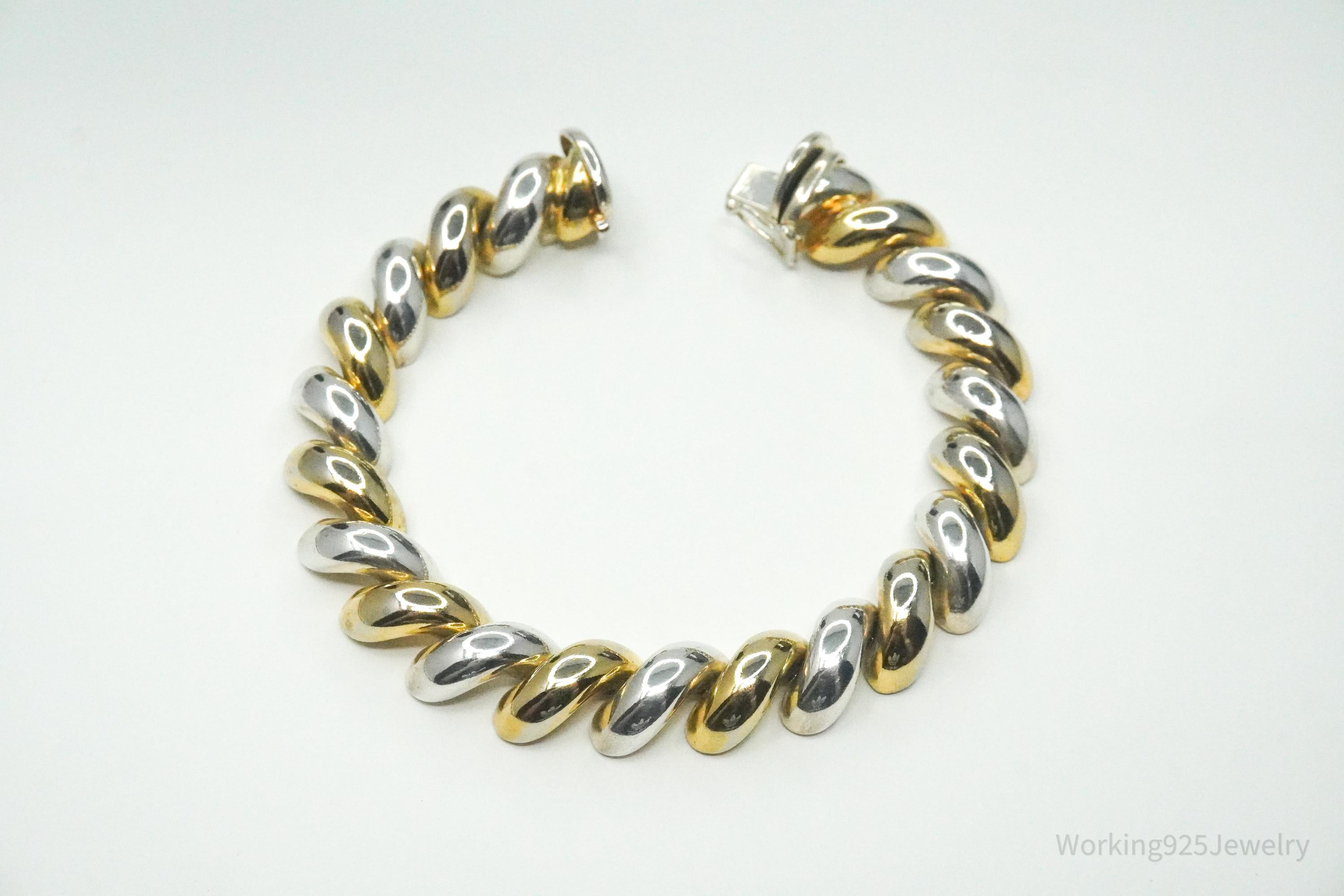 Vintage Italian Designer Milor Gold Vermeil Sterling Silver Puffy Link Bracelet 7.25"