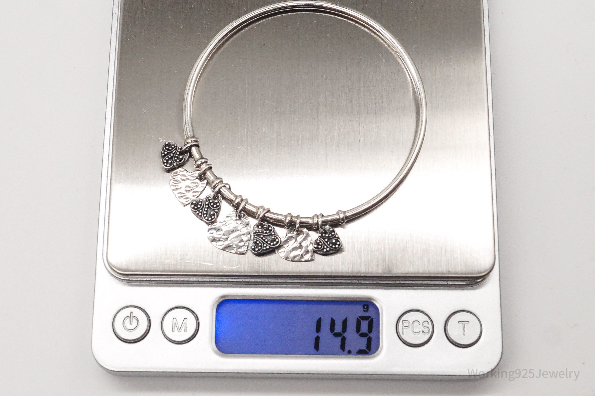 Vintage Heart Charms Sterling Silver Bangle Bracelet