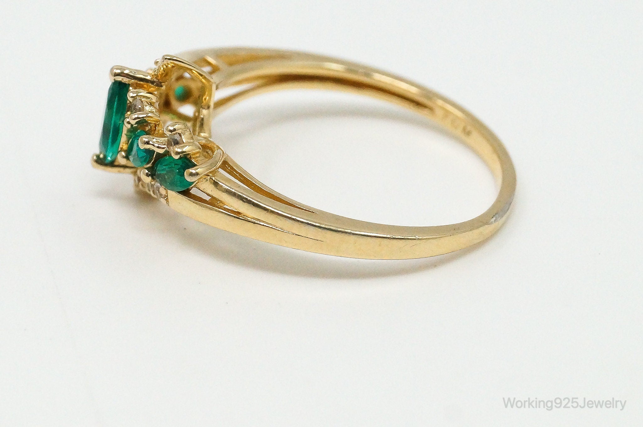 Vintage Lab Emerald Cubic Zirconia Gold Vermeil Sterling Silver Ring Size 7