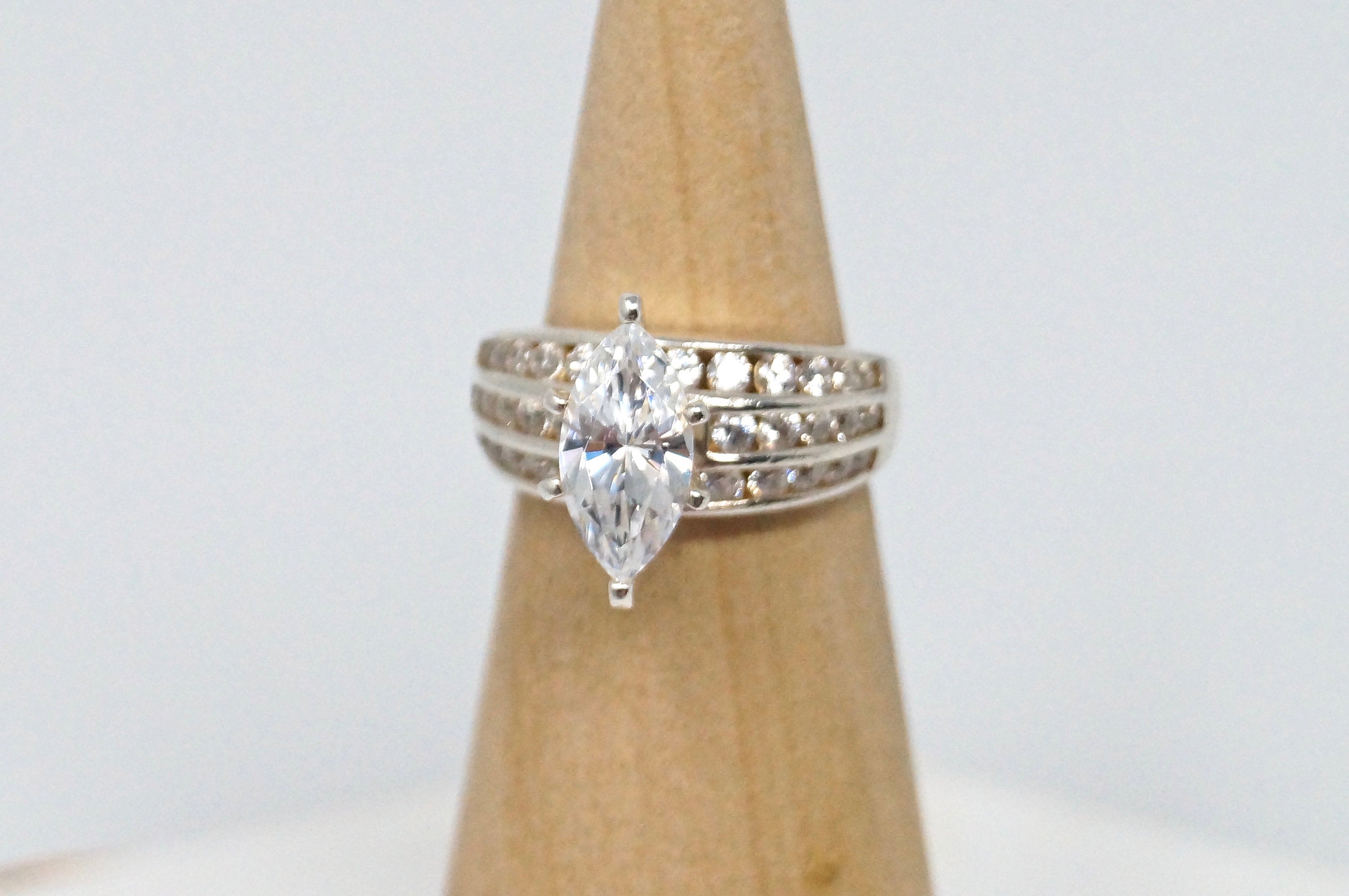 Vintage Large Simulated Diamond Ring Sterling Silver - Size 5