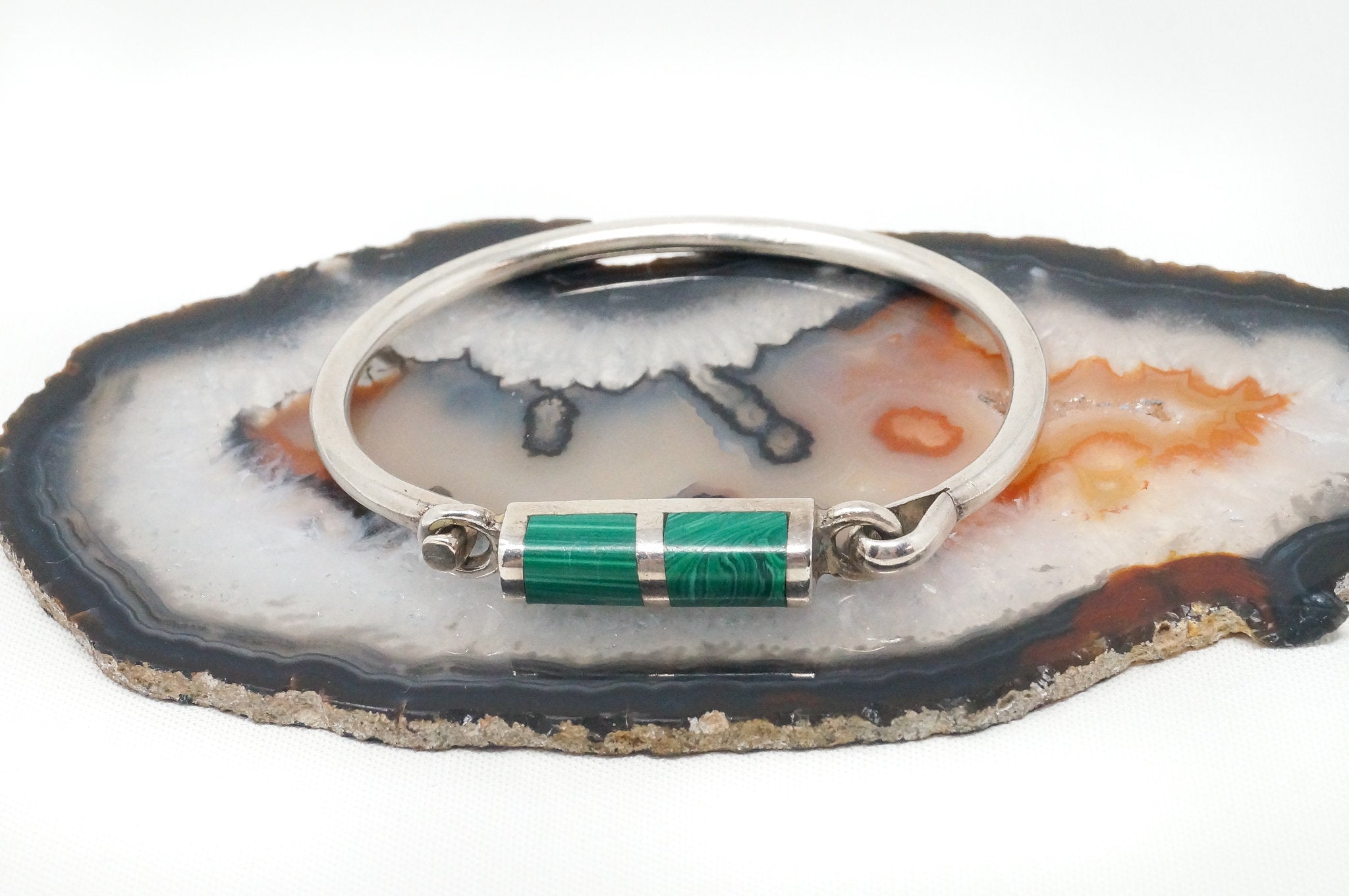 Vintage Mex Malachite Southwestern Handmade Sterling Silver Cuff Bracelet