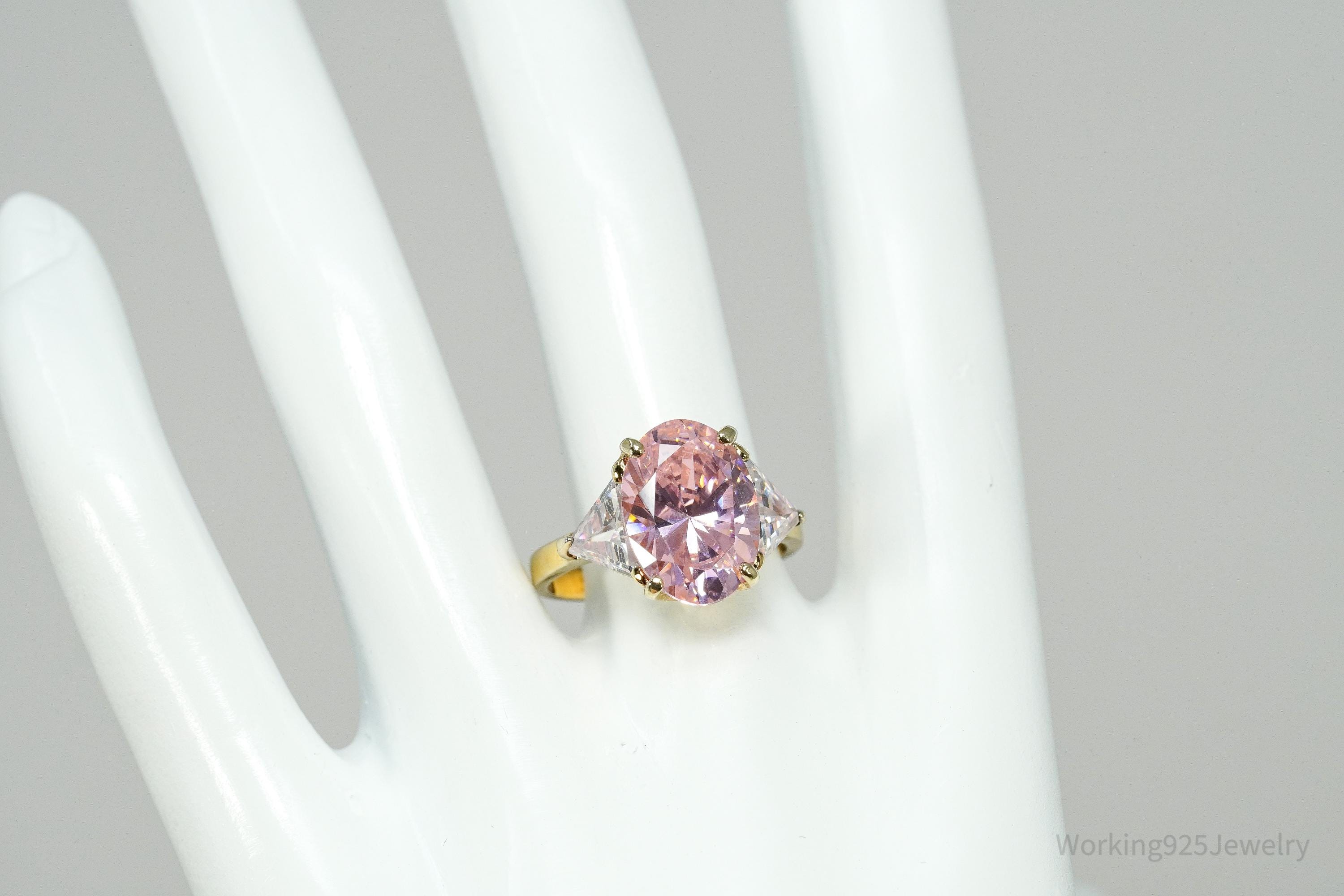 Vintage EDCO Pink & White Cubic Zirconia Gold Vermeil Sterling Silver Ring Size 8