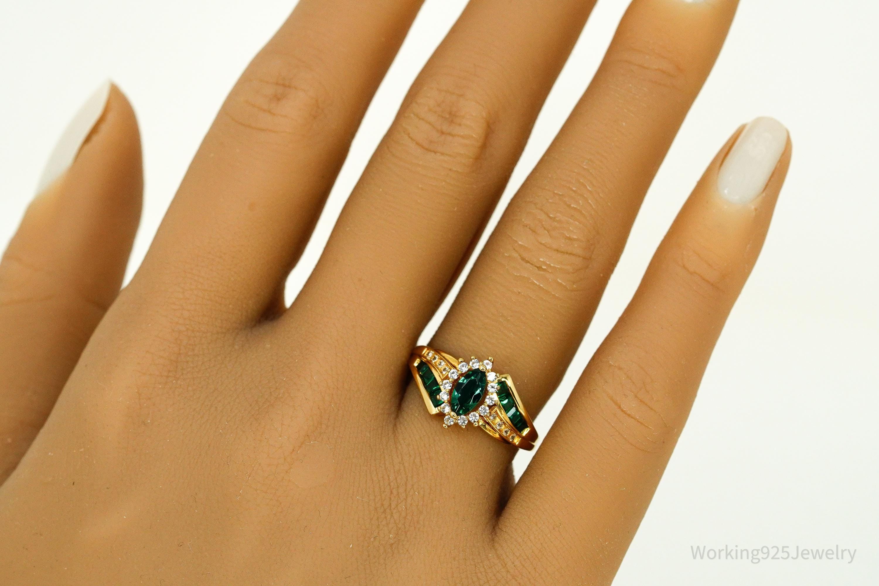 Vintage Emerald & White Sapphire Gold Vermeil Sterling Silver Ring - Size 7.25