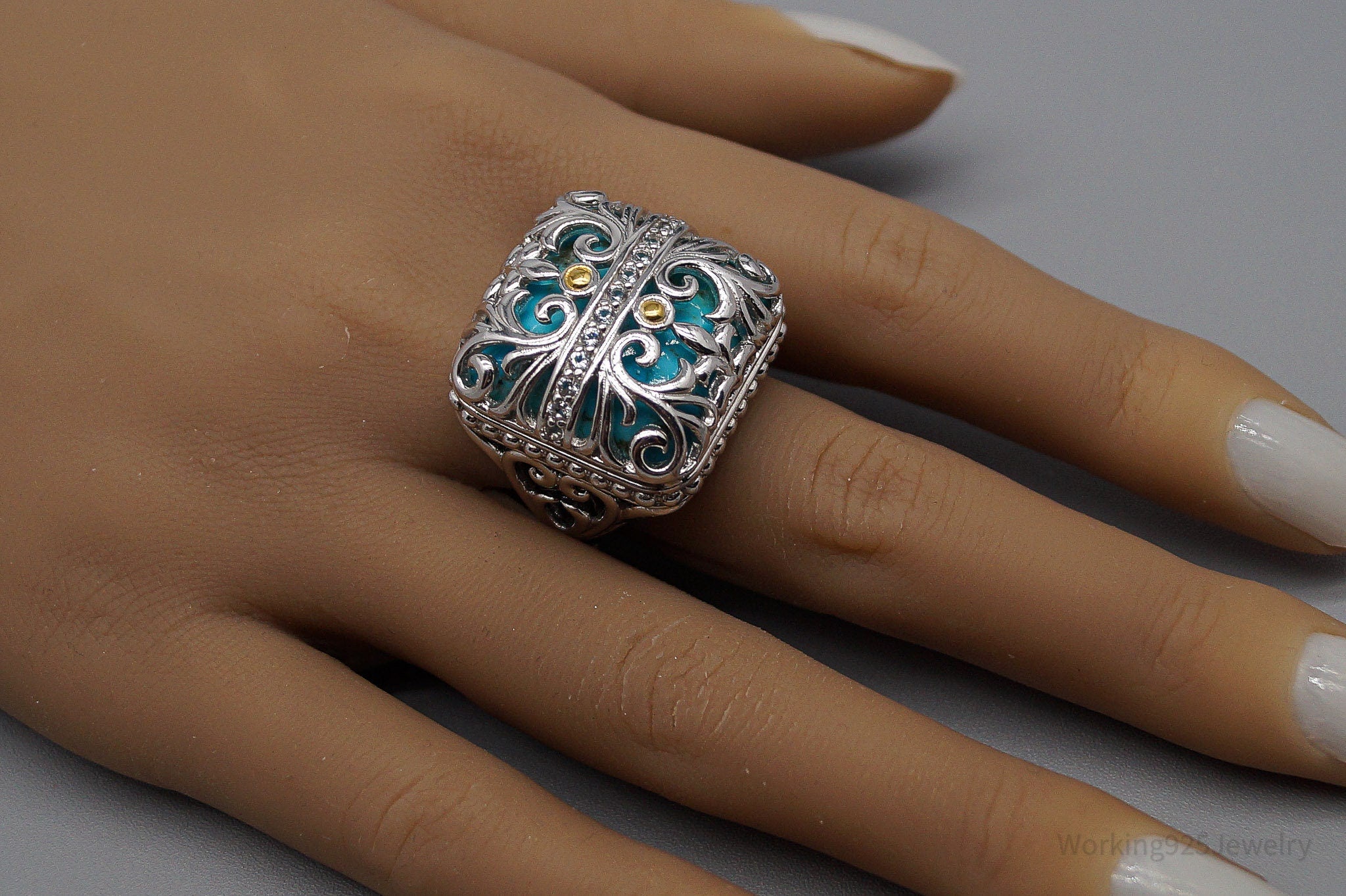 JTV DP Turquoise White Zircon Gold Sterling Silver Ring - Size 9