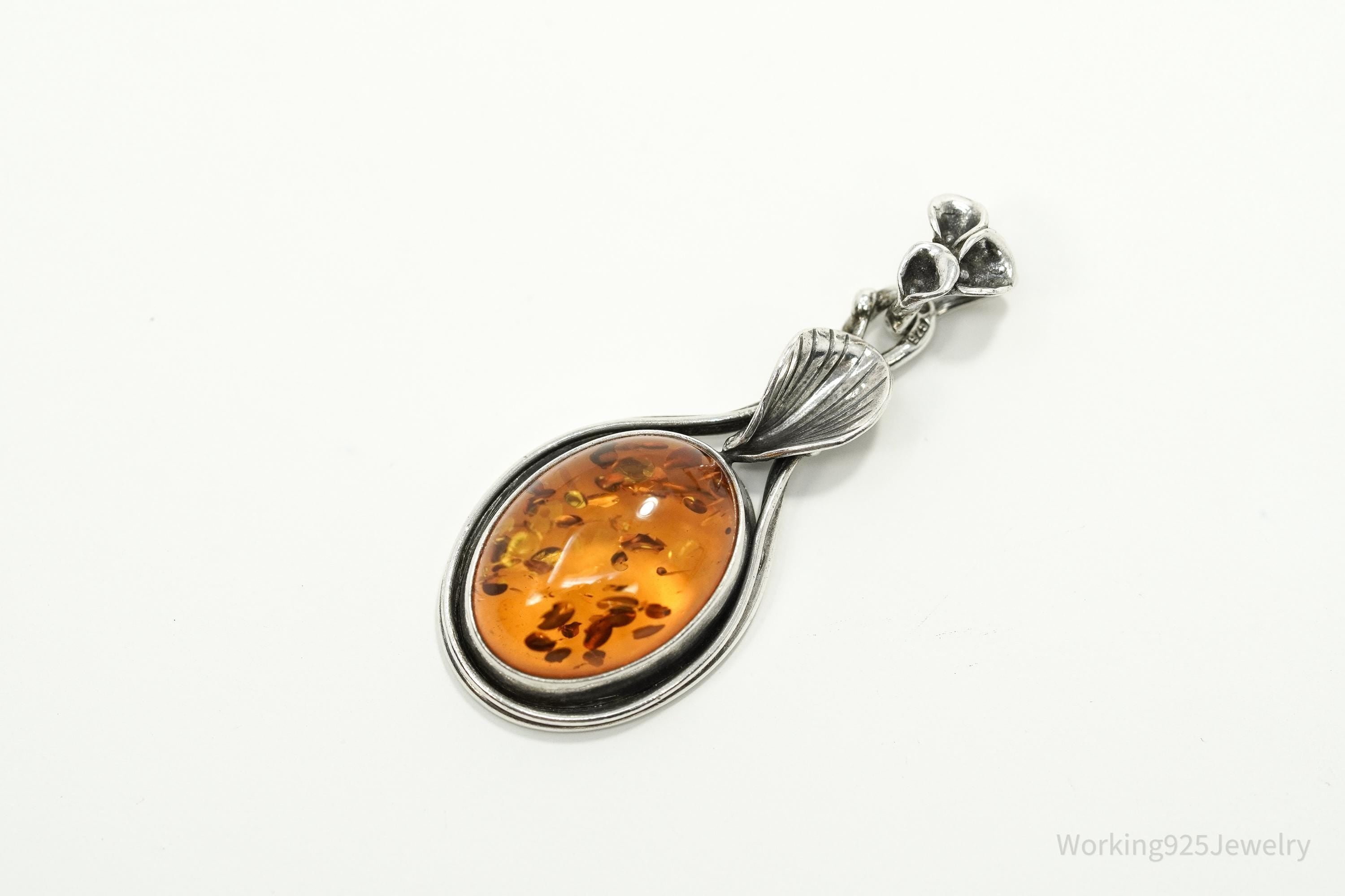 Vintage Sterling Silver Amber Pendant • Oval Cognac Baltic Gemstone Jewelry