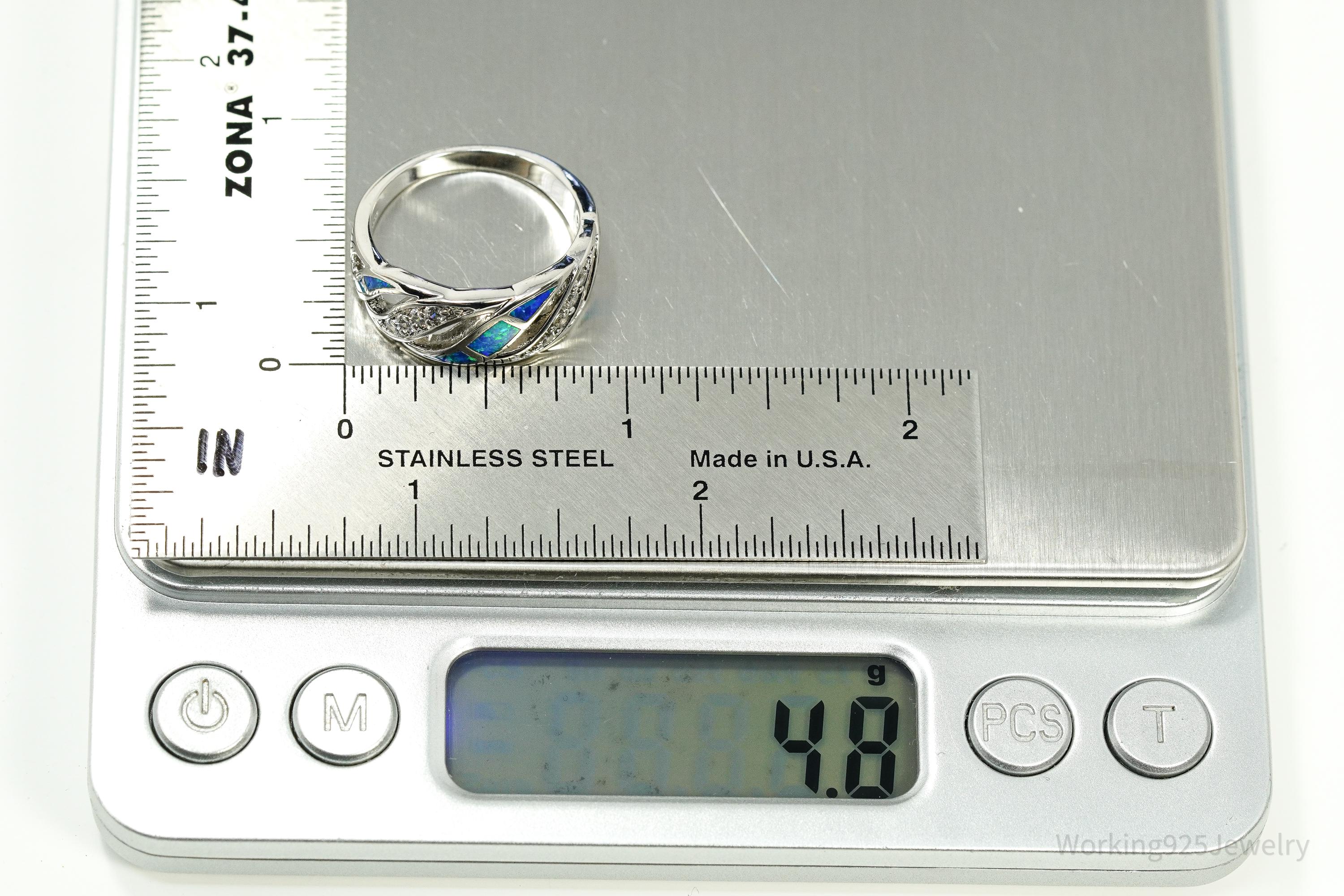 Vintage Cubic Zirconia & Opal Inlay Sterling Silver Ring - Size 8.5