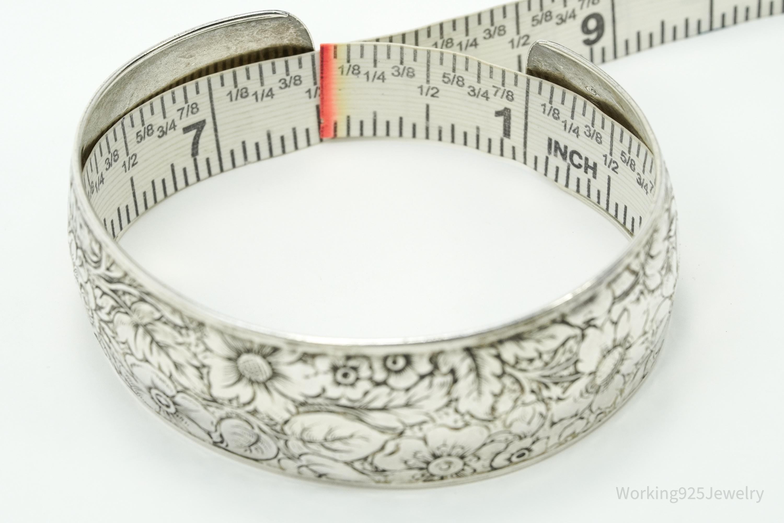 Antique Art Nouveau Floral Pattern Sterling Silver Cuff Bracelet - 7.5"