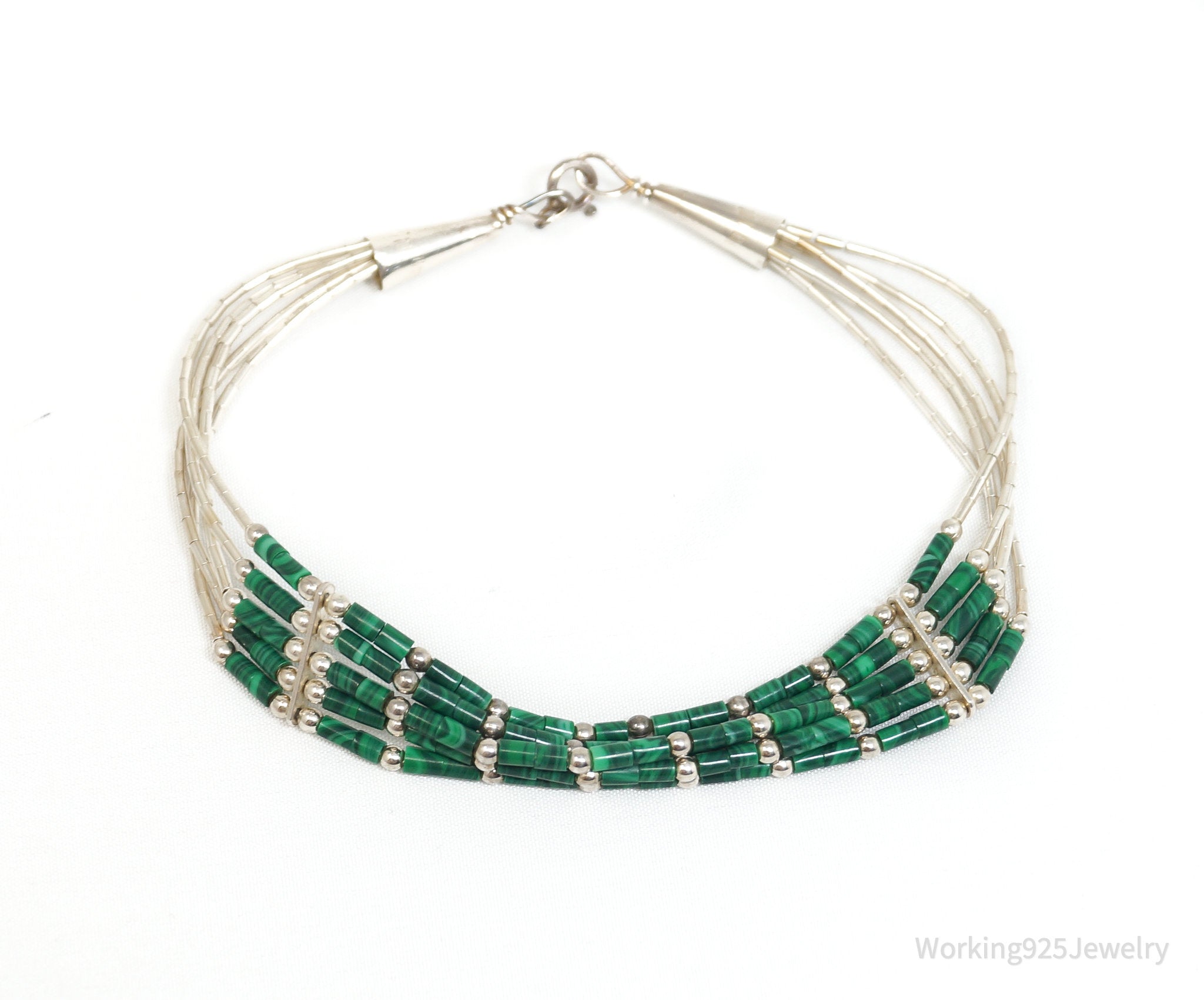 Vintage Native Handmade Green Malachite Woven Sterling Silver Bead Bracelet