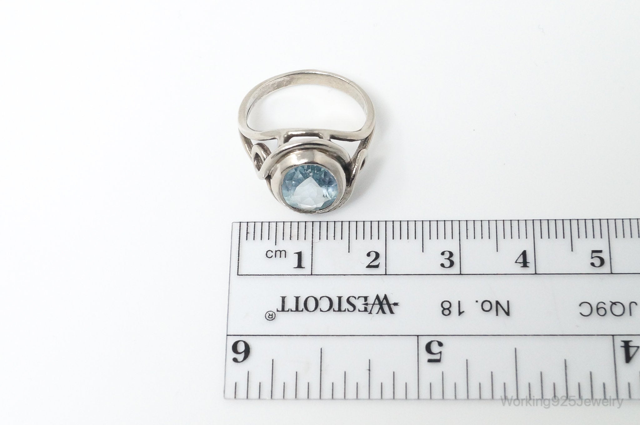 Vintage Modernist Style Blue Topaz Sterling Silver Ring - Size 6